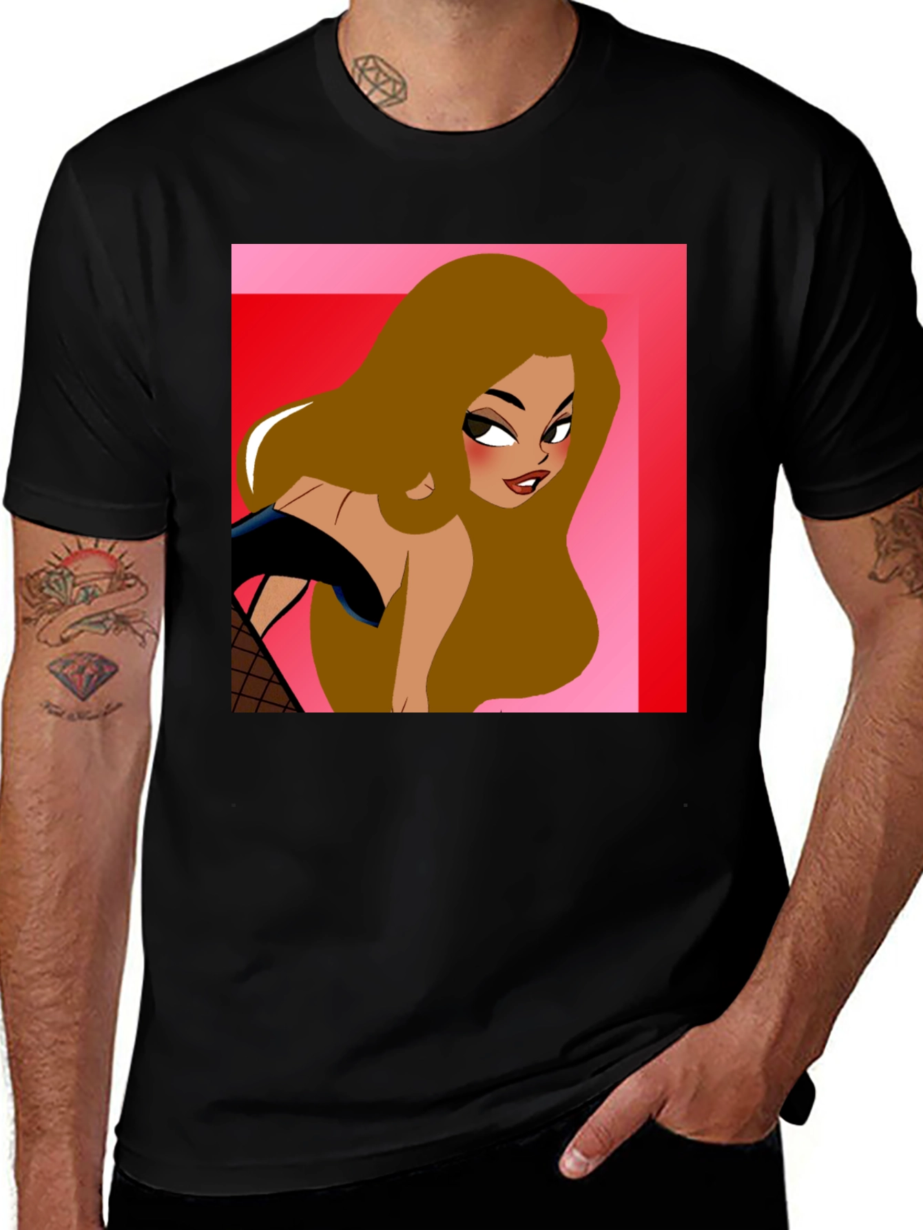 Variant 26 of Cartoon Woman Graphic T-Shirt, Black Cotton Tee