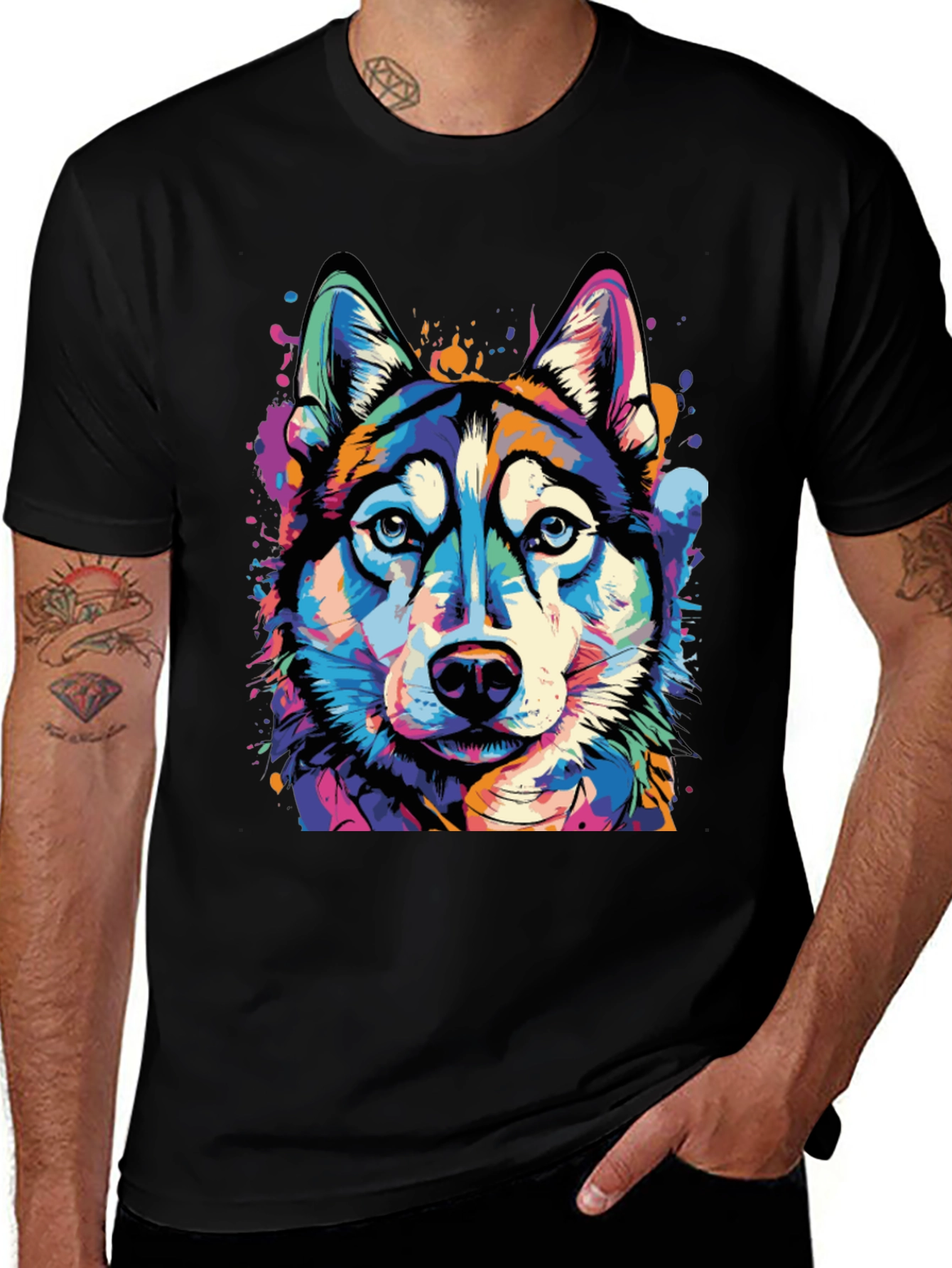 Colorful Husky Dog Graphic Print Black T-Shirt