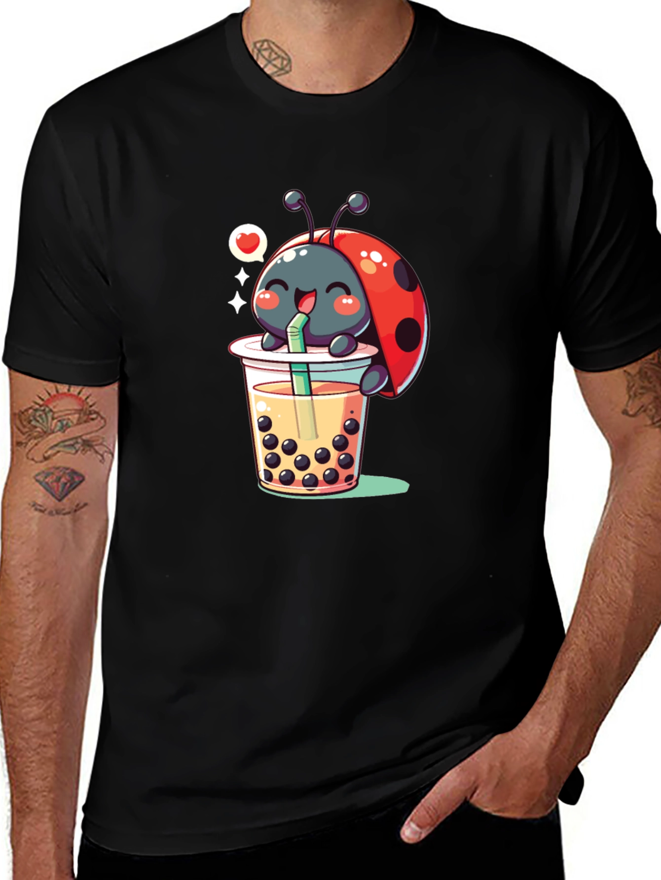 Variant 26 of Ladybug Boba Tea Graphic Tee - Black Cotton T-Shirt