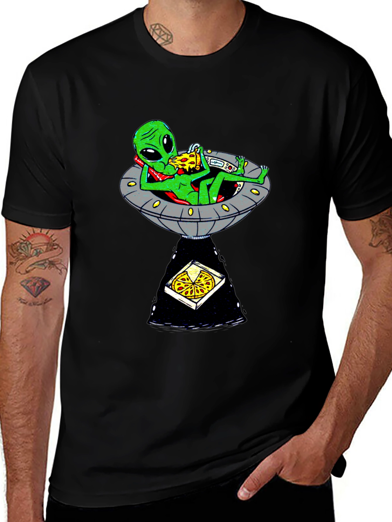 Black Alien Pizza UFO Graphic Tee - Black Cotton T-Shirt main image