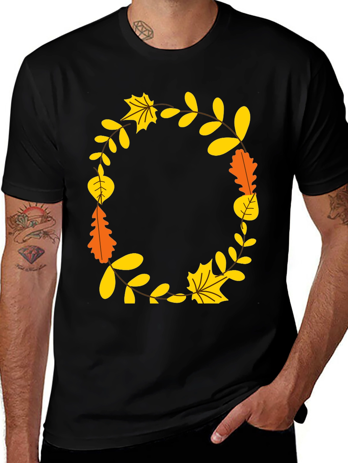 Variant 14 of Fall Leaves Wreath Graphic Tee - Unisex Black T-Shirt