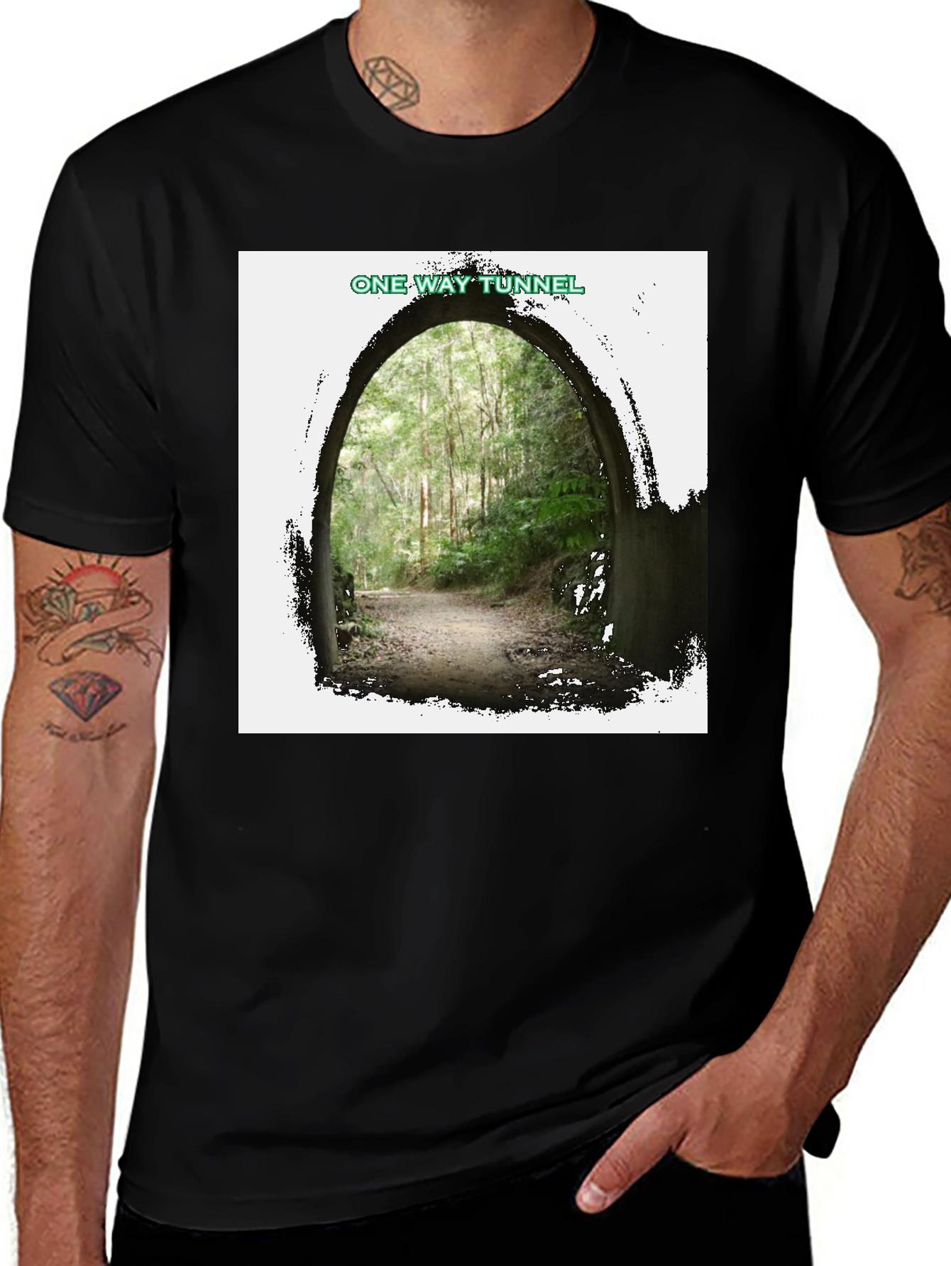 One Way Tunnel Black T-Shirt - Nature Scene