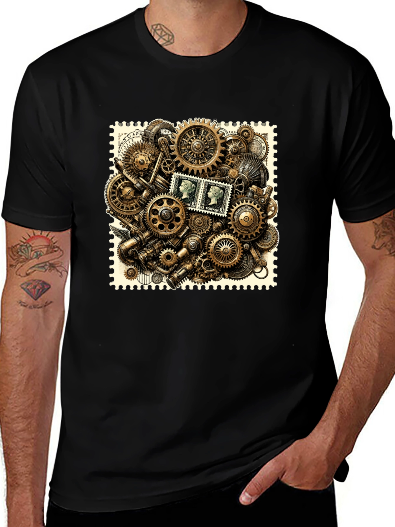 Variant 6 of Steampunk Gears & Stamp Print Black T-Shirt
