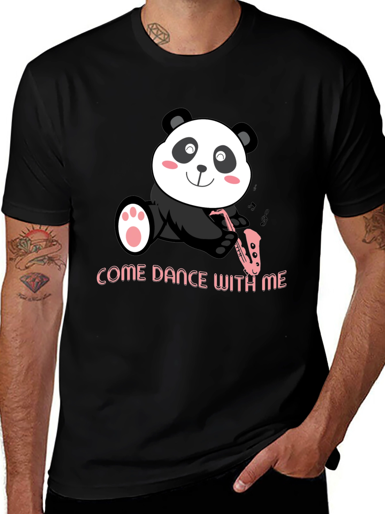 Black Panda Sax T-Shirt - "Come Dance With Me" Black Cotton Tee main image