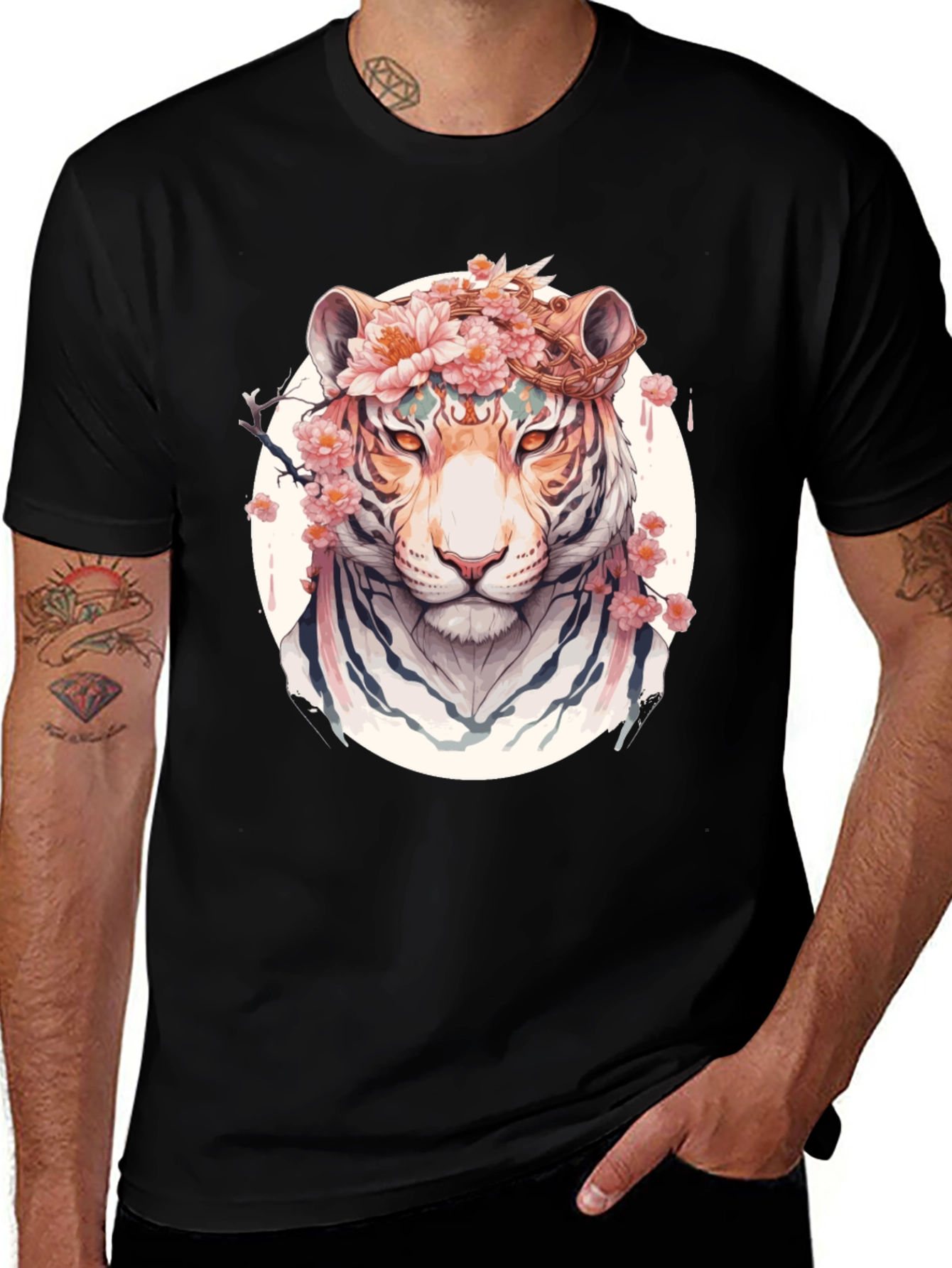 Variant 24 of Floral Tiger Graphic Tee - Unique Black T-Shirt