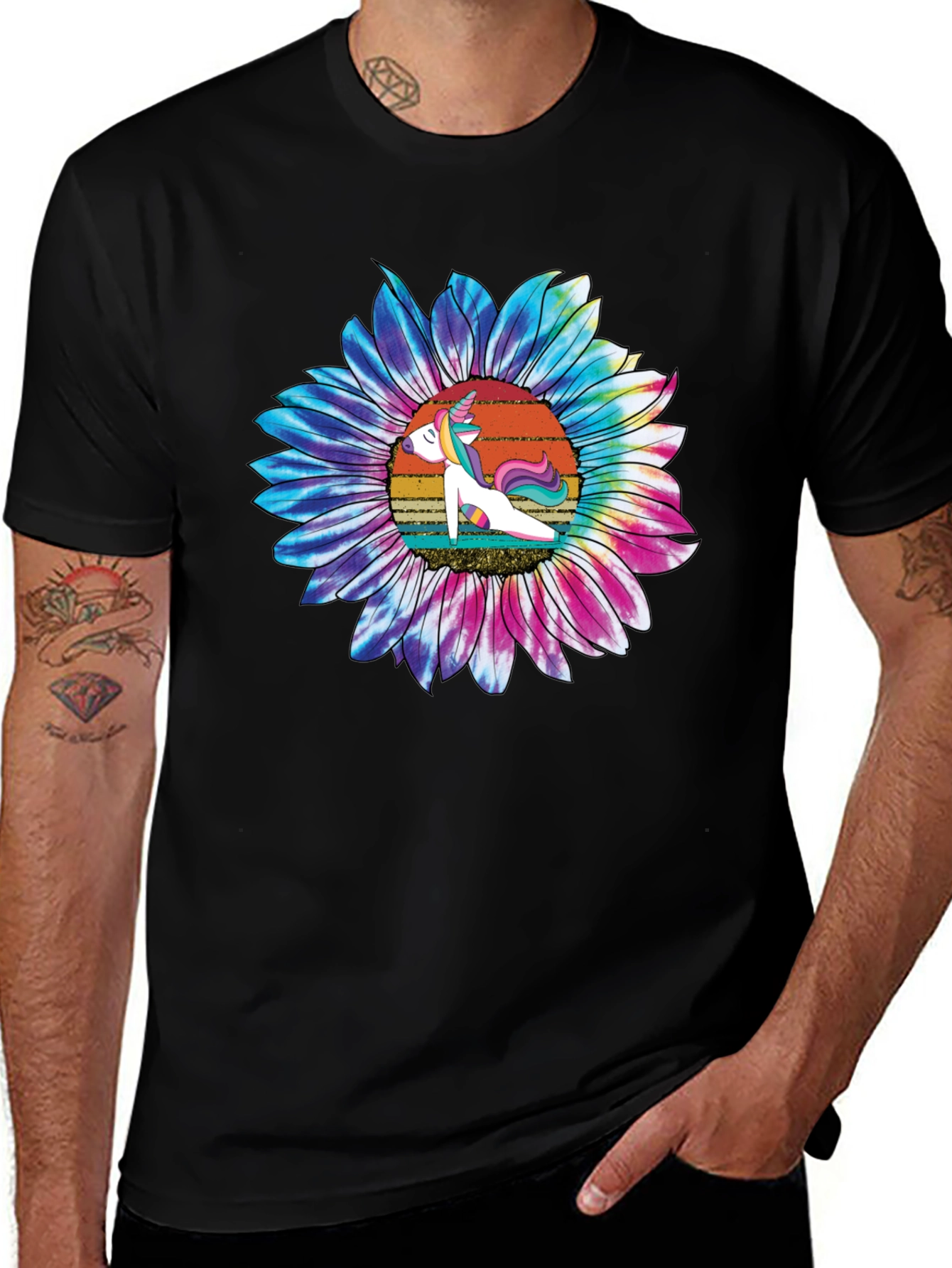 Variant 7 of Unicorn Sunflower Graphic Tee - Casual Black T-Shirt