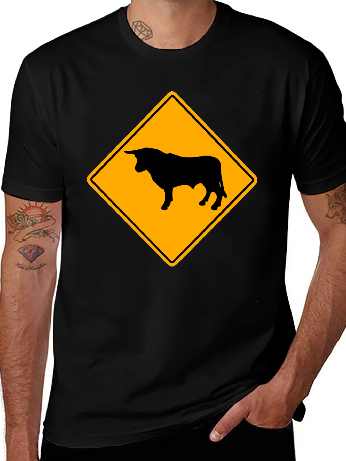 Variant 9 of Bull Warning Sign Graphic Tee - Black Cotton T-Shirt