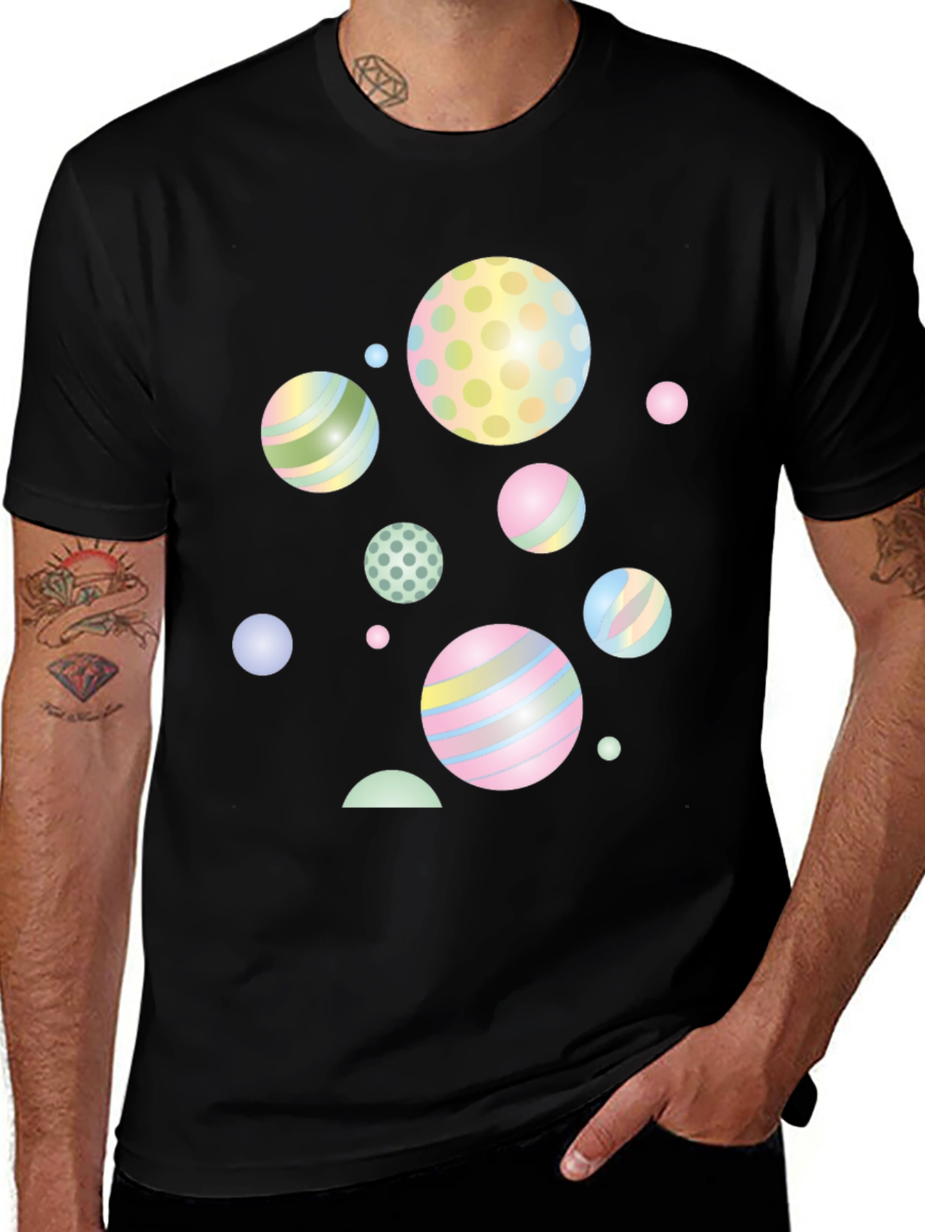 Variant 12 of Black T-Shirt with Colorful Spheres Design