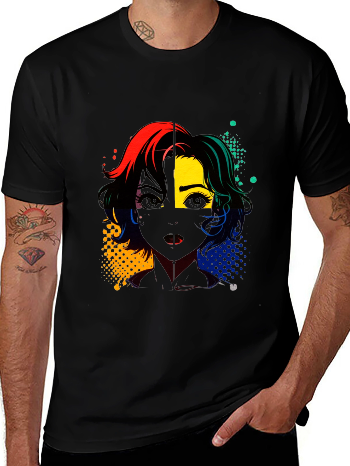 Variant 3 of Colorful Anime Girl Graphic Print Black T-Shirt