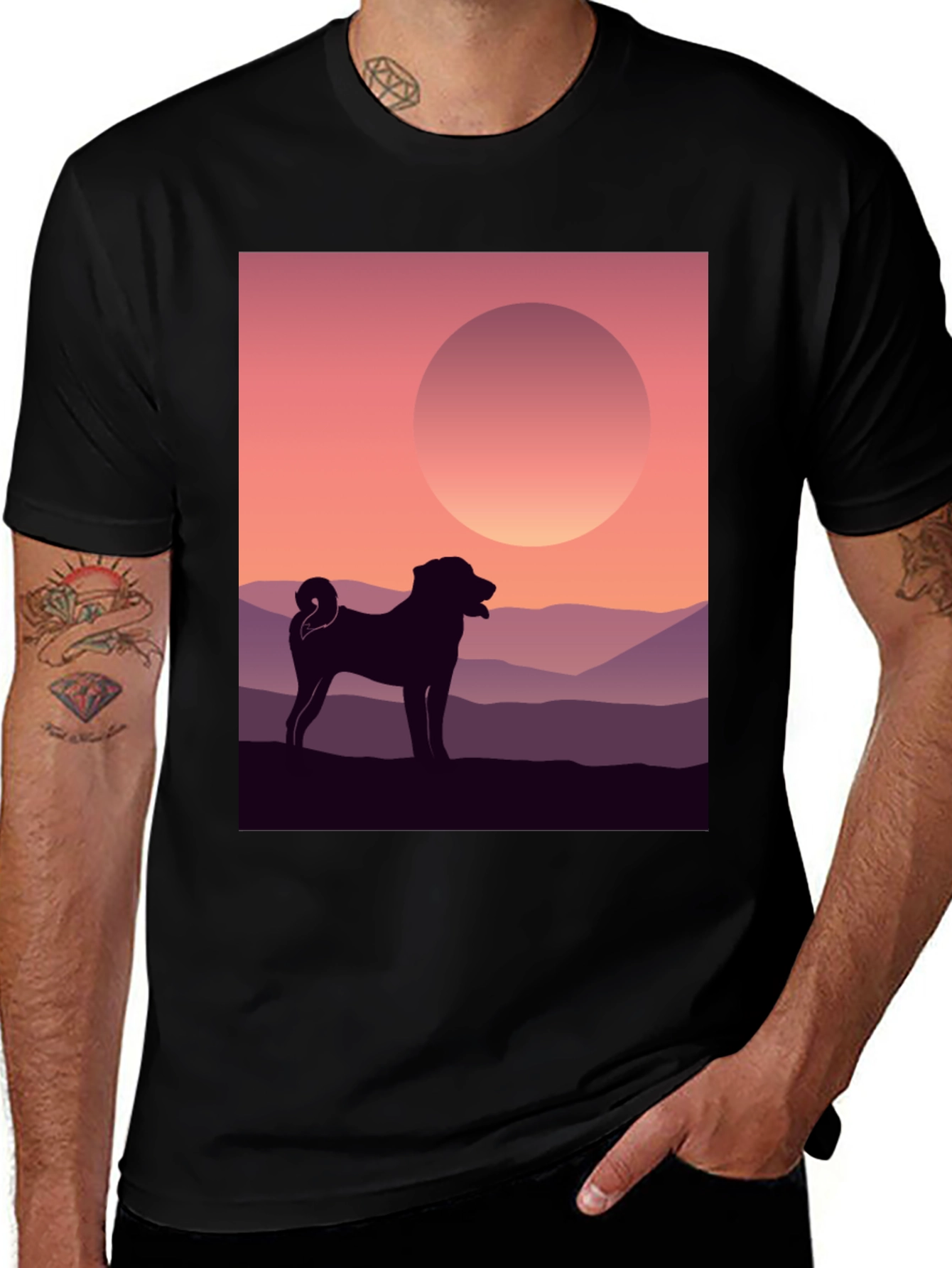 Variant 14 of Dog Silhouette Sunset Graphic Tee - Black Cotton Casual Shirt