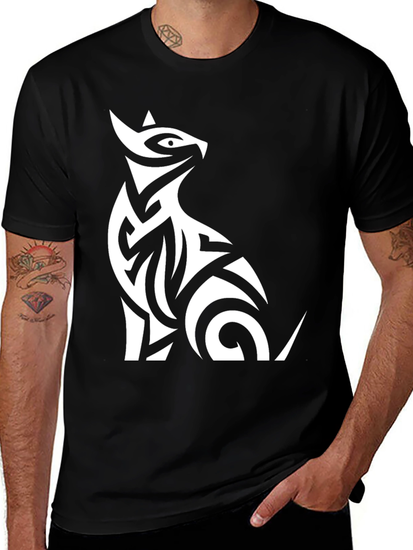 Tribal Cat Graphic Black T-Shirt