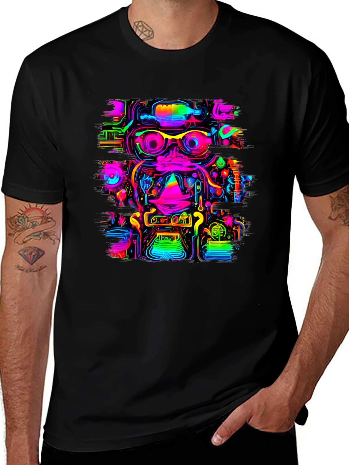 Variant 16 of Neon Steampunk Robot Graphic Black Tee