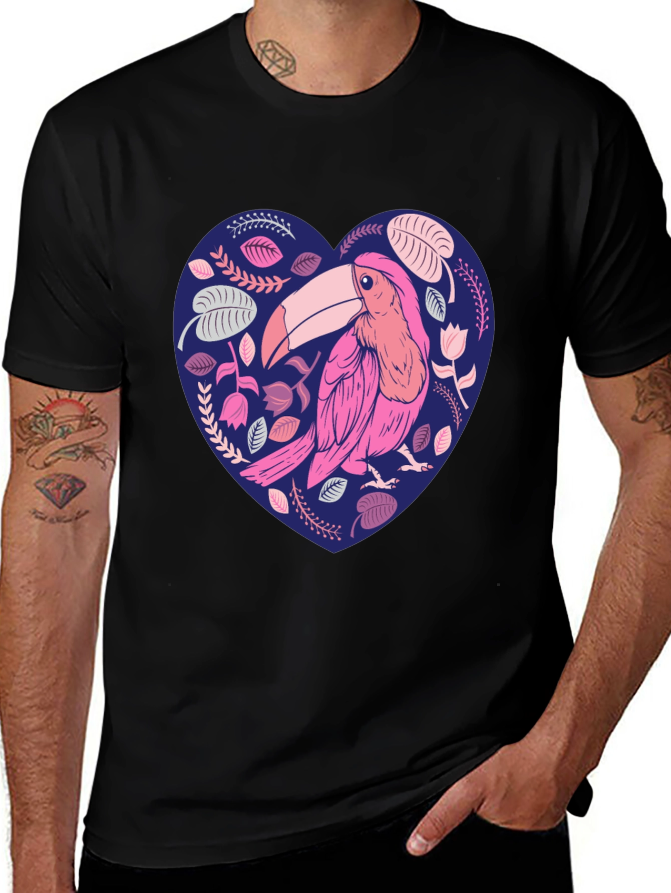 Variant 3 of Toucan Heart Graphic Tee - Stylish Men's Black T-Shirt