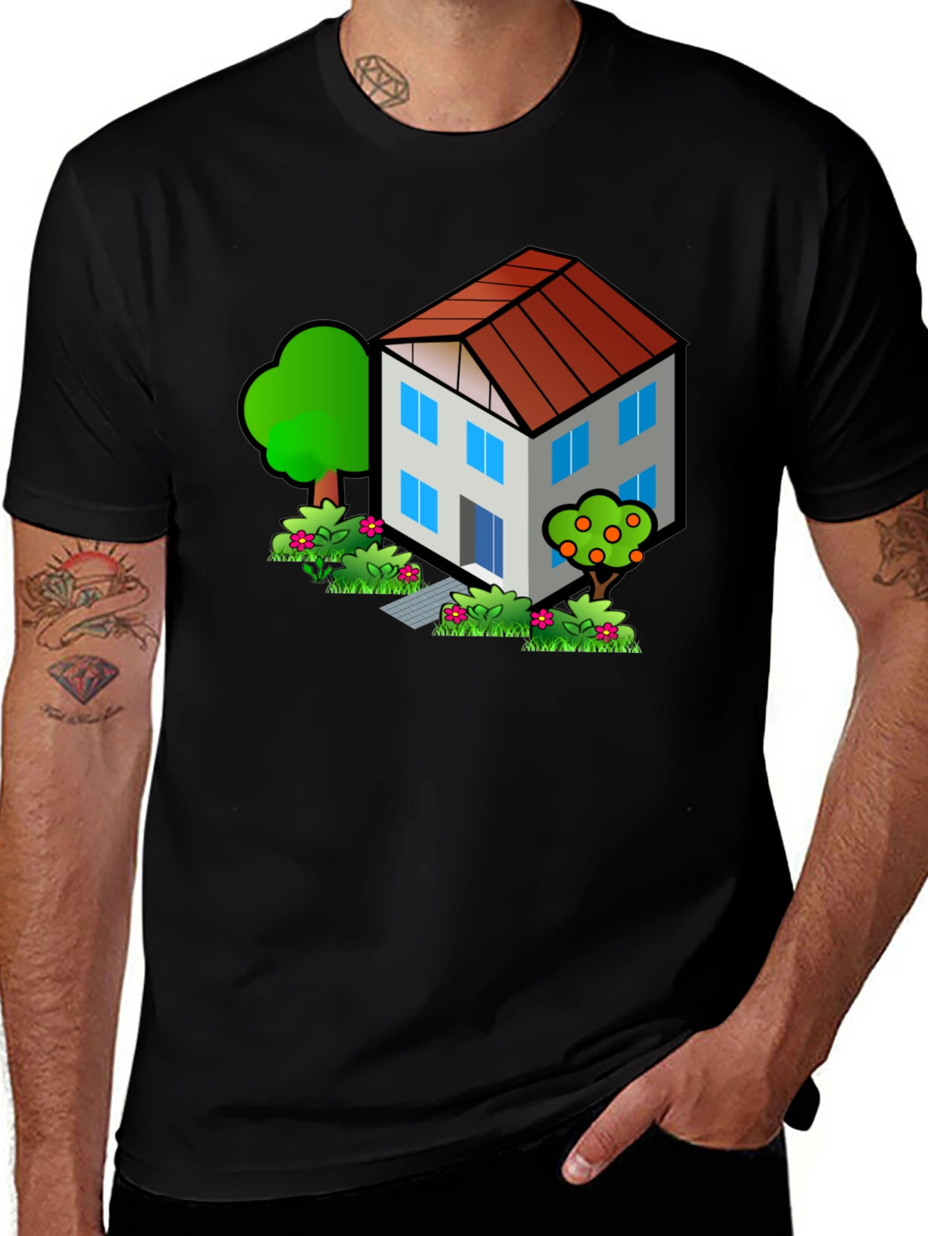 Cartoon House Graphic Tee - Black Cotton T-Shirt