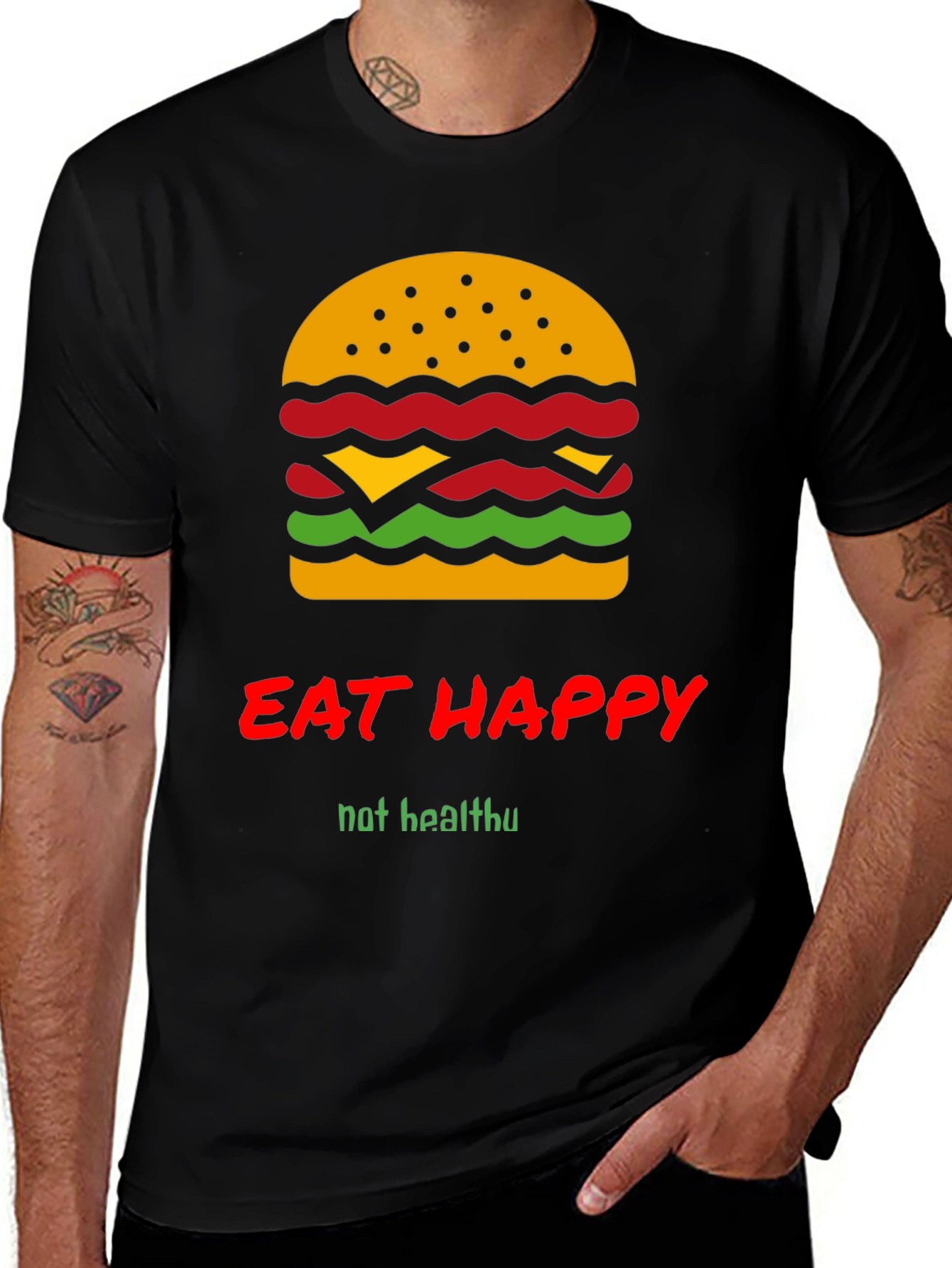 Variant 15 of Eat Happy Burger Graphic Tee - Black Crew Neck T-Shirt