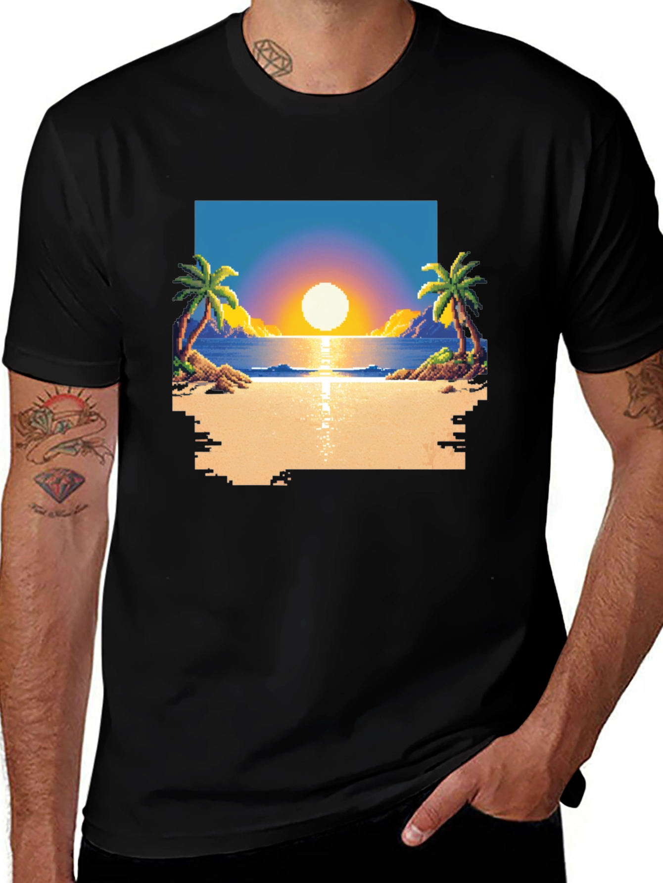 Variant 11 of Pixel Sunset Beach T-Shirt - Retro Gaming Style
