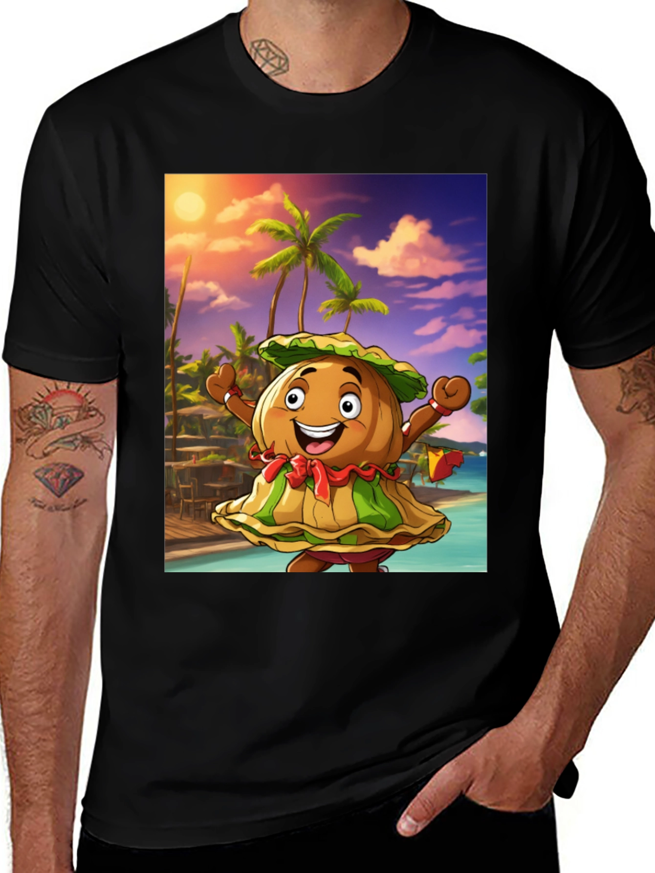 Variant 23 of Tropical Cartoon Print Black T-Shirt
