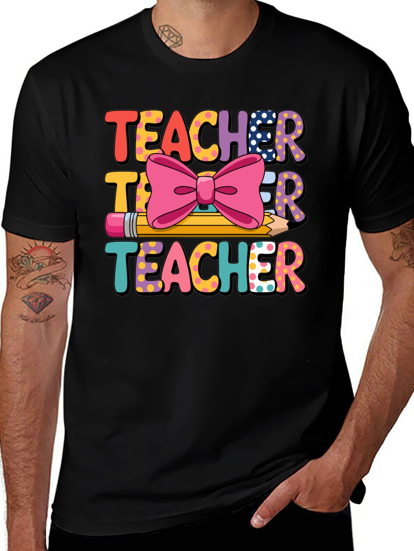Variant 28 of Teacher Graphic Tee with Pencil and Bow
