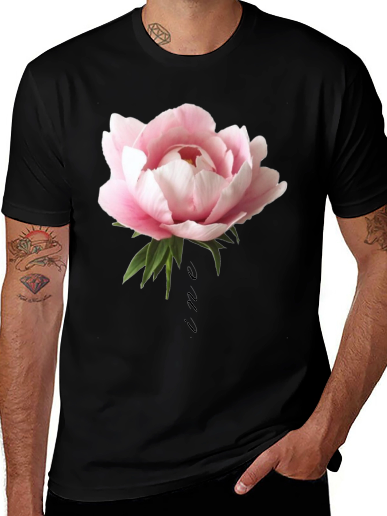 Floral Black T-Shirt with Pink Peony