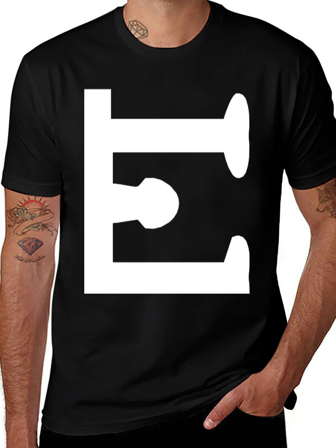 Variant 27 of Bold White Letter E on Black T-Shirt