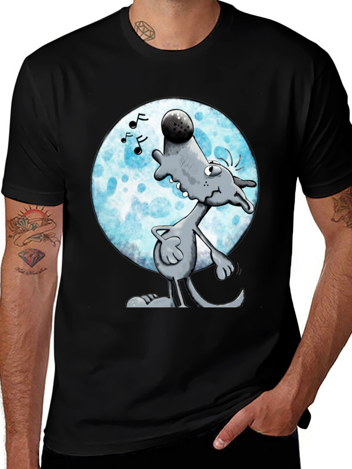 Variant 10 of Cartoon Wolf Howling at Moon Graphic Tee - Black