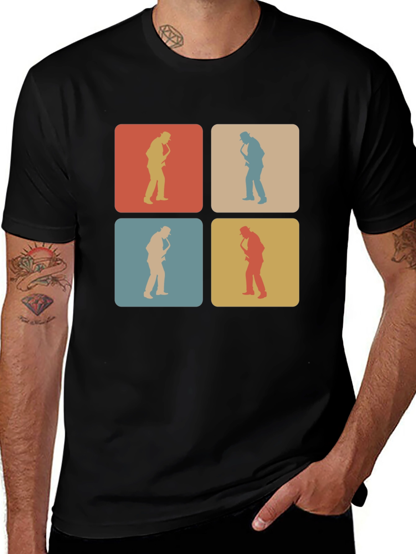 Black Retro Saxophone Player T-Shirt main image