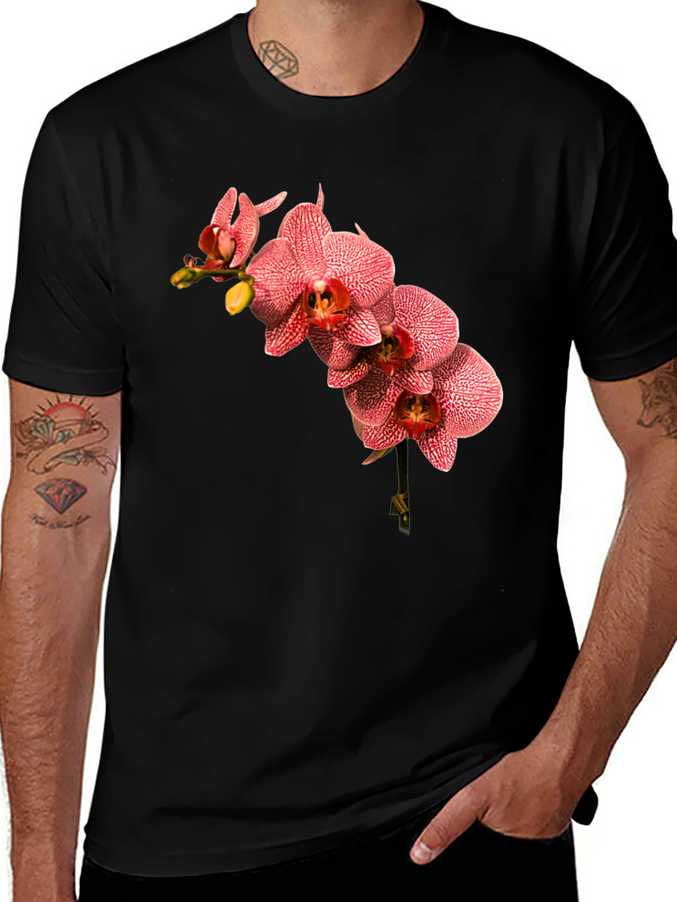 Black T-Shirt with Orchid Floral Design