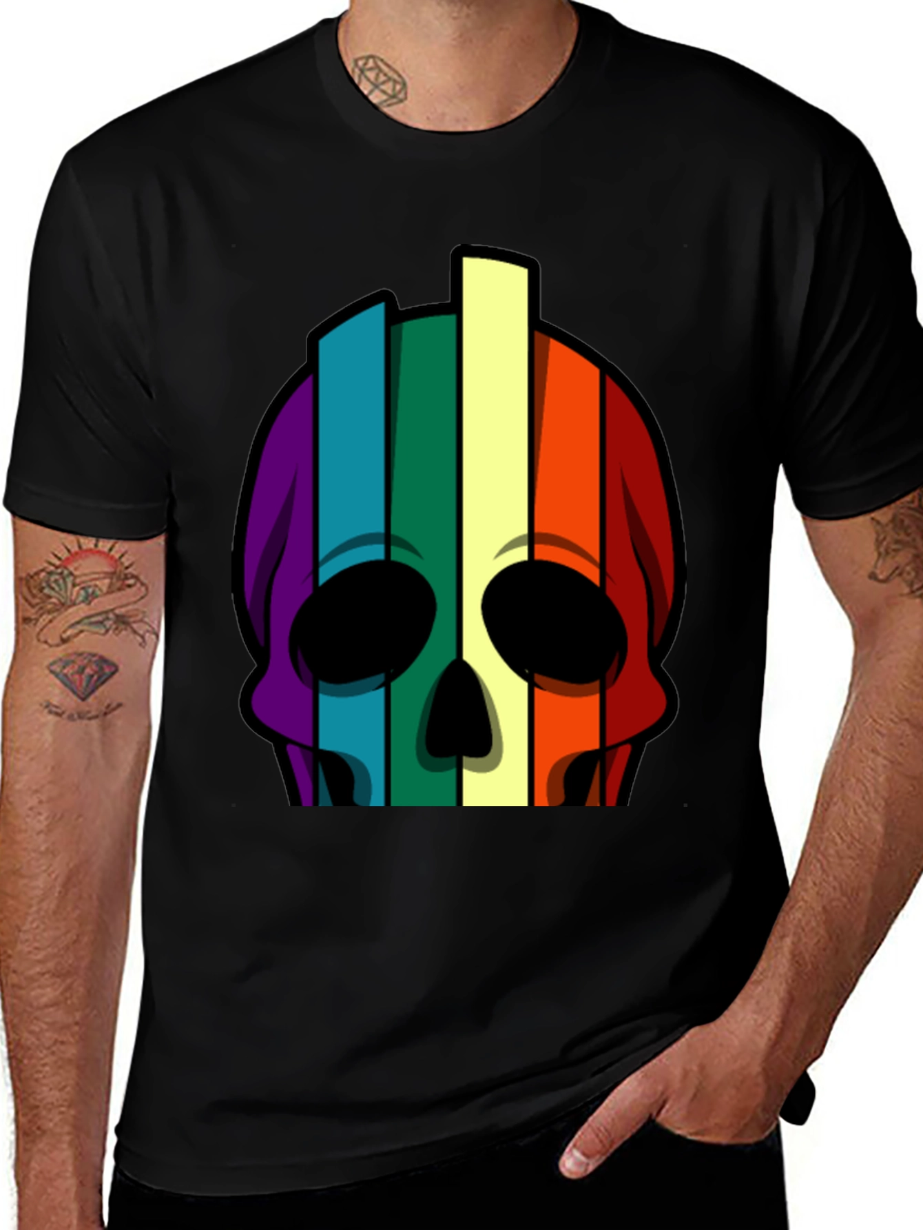 Variant 3 of Rainbow Striped Skull Graphic Tee - Men's Black T-Shirt