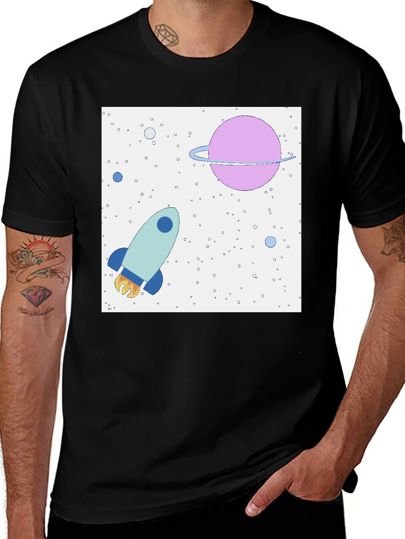 Variant 11 of Space Rocket & Planet Graphic Tee - Men's Black T-Shirt