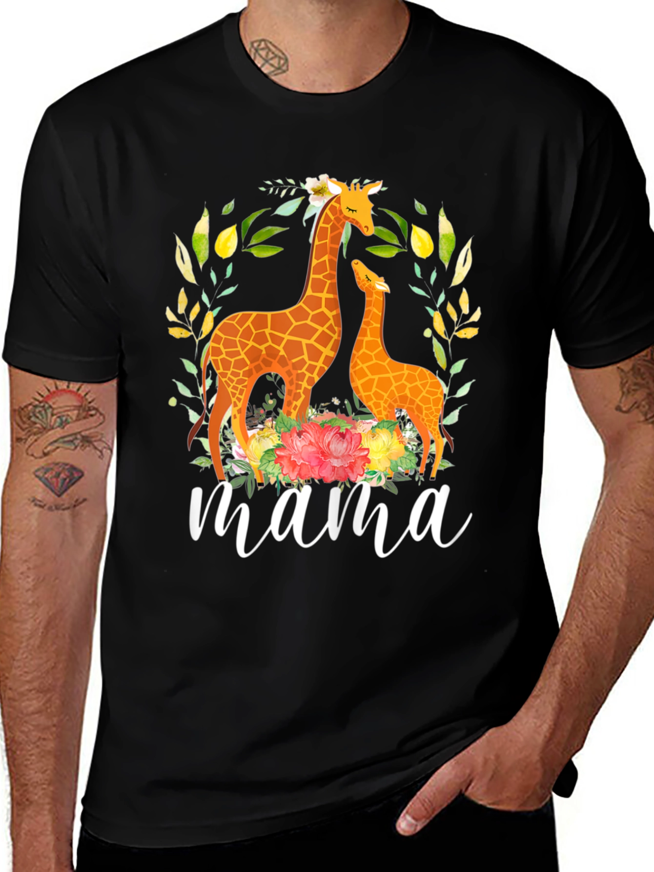 Black Mama Giraffe Floral Graphic Tee - Black Cotton Blend main image