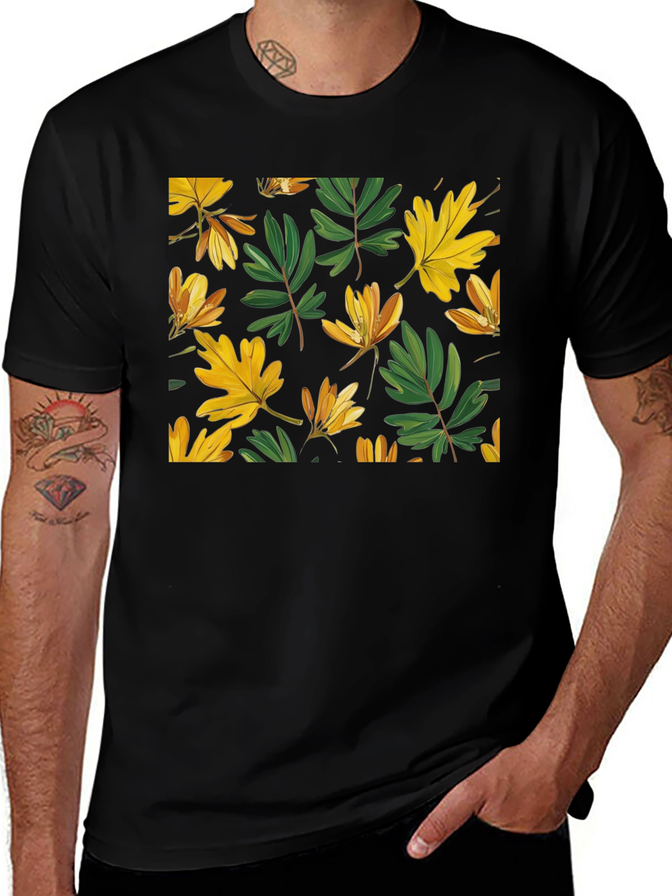 Leaf Pattern Black T-Shirt