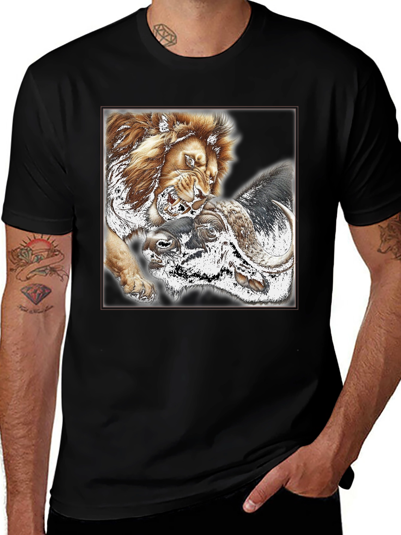 Variant 24 of Lion vs Buffalo Graphic Tee - Black Crew Neck