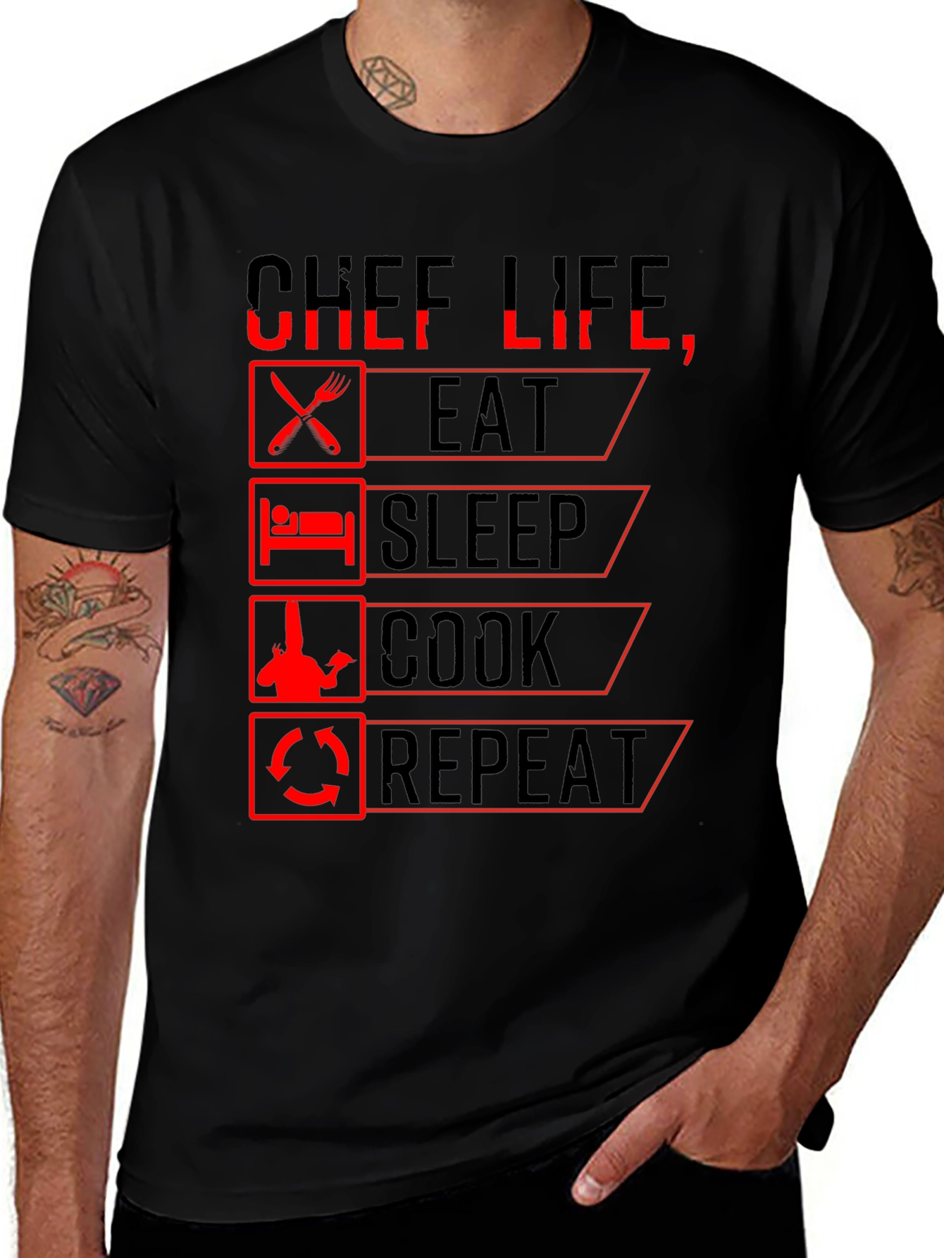Chef Life Eat Sleep Cook Repeat Black Graphic T-Shirt