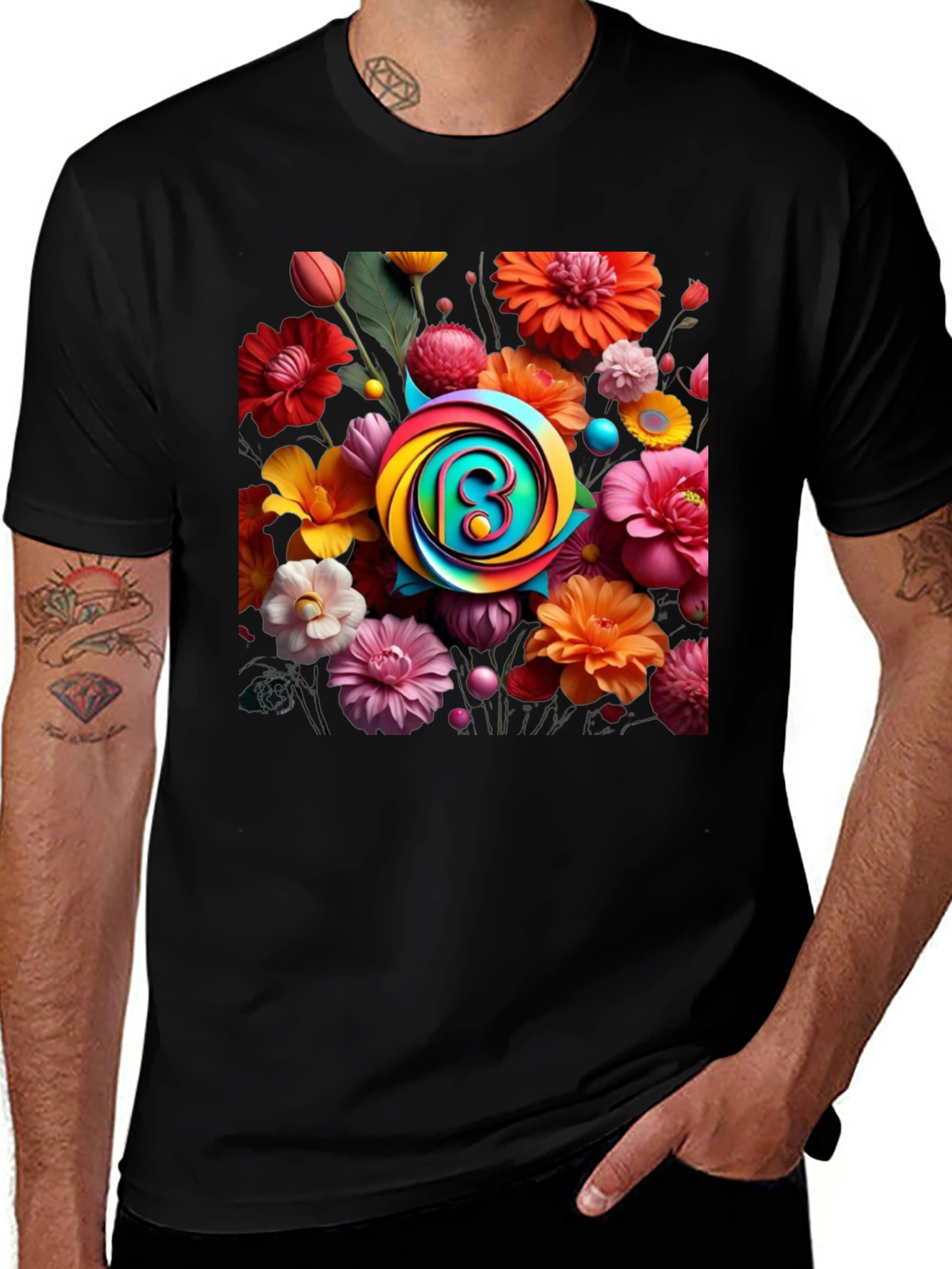 Variant 9 of Floral Burst T-Shirt: Rainbow Letter Design