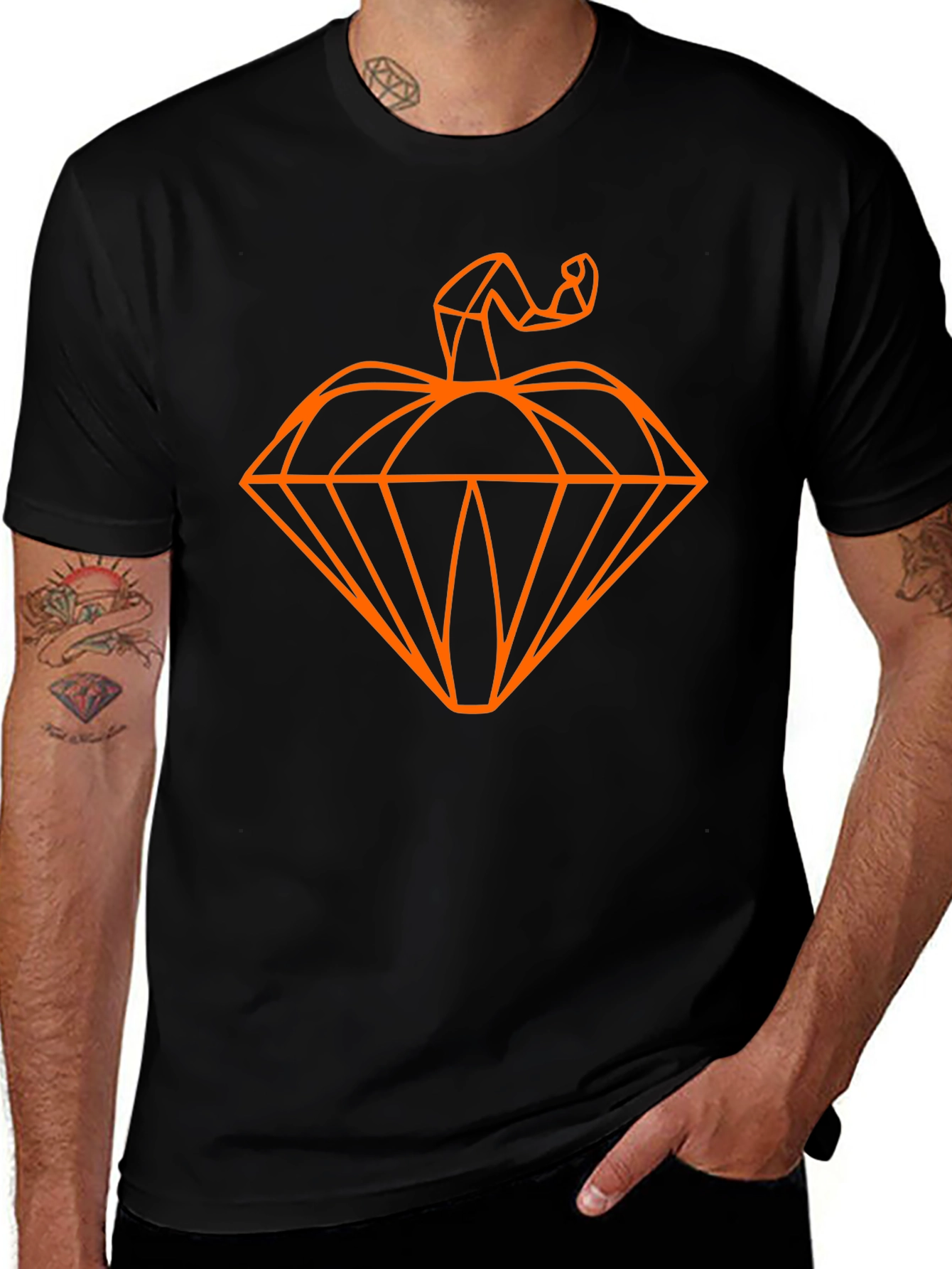 Geometric Pumpkin Line Art Black T-Shirt