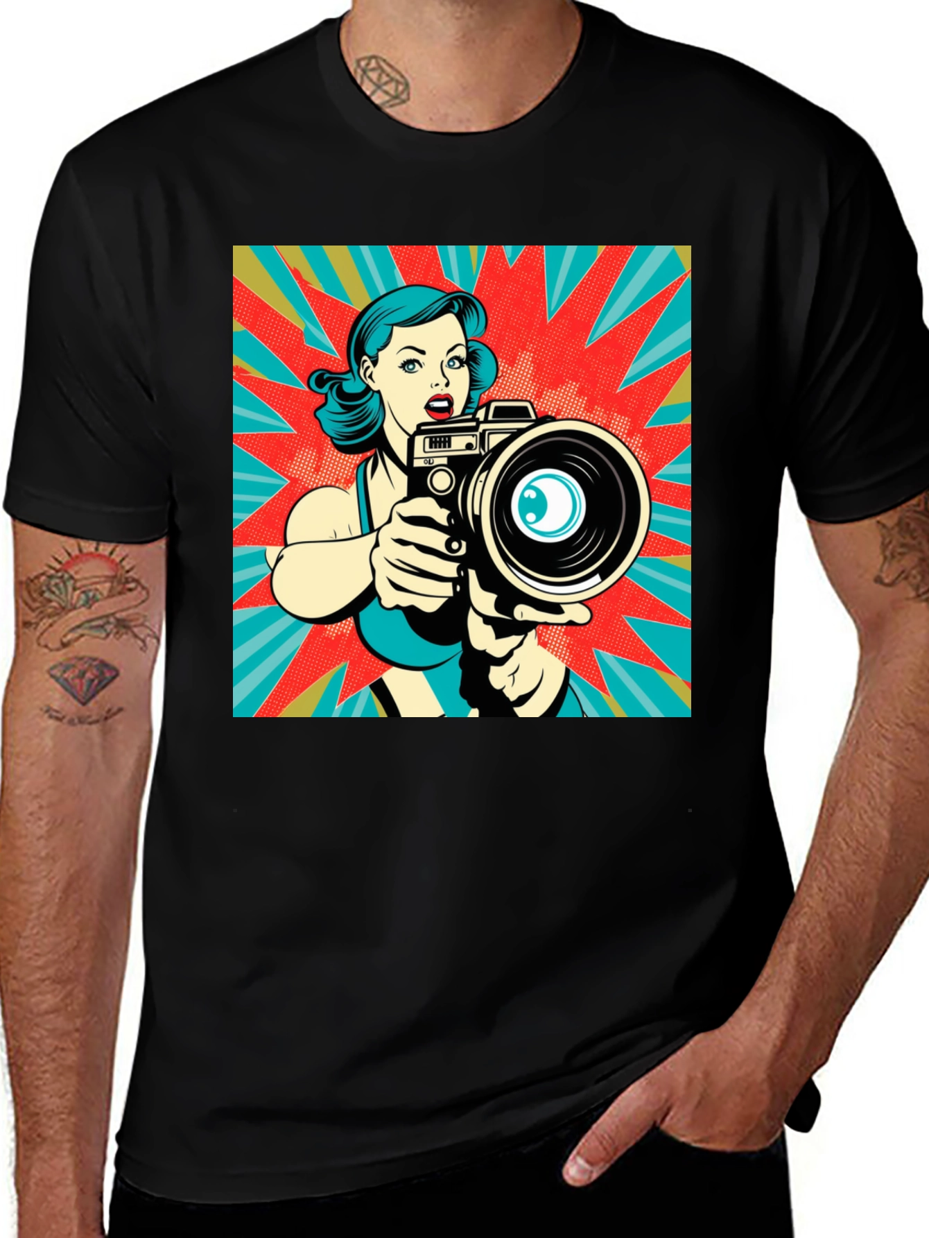 Variant 10 of Pop Art Camera Woman Graphic Black T-Shirt