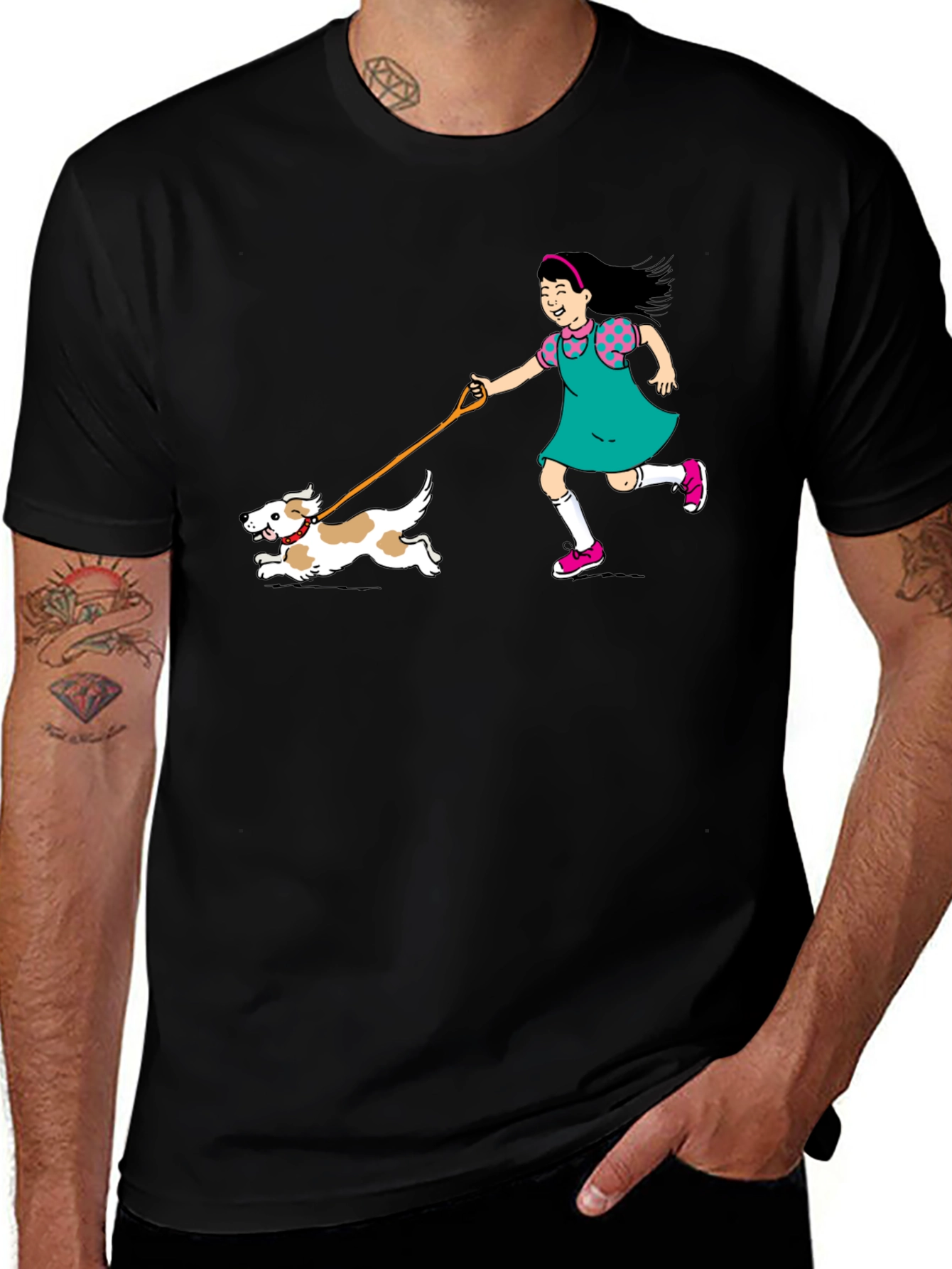 Variant 2 of Girl Walking Dog Graphic Tee - Unisex Black T-Shirt