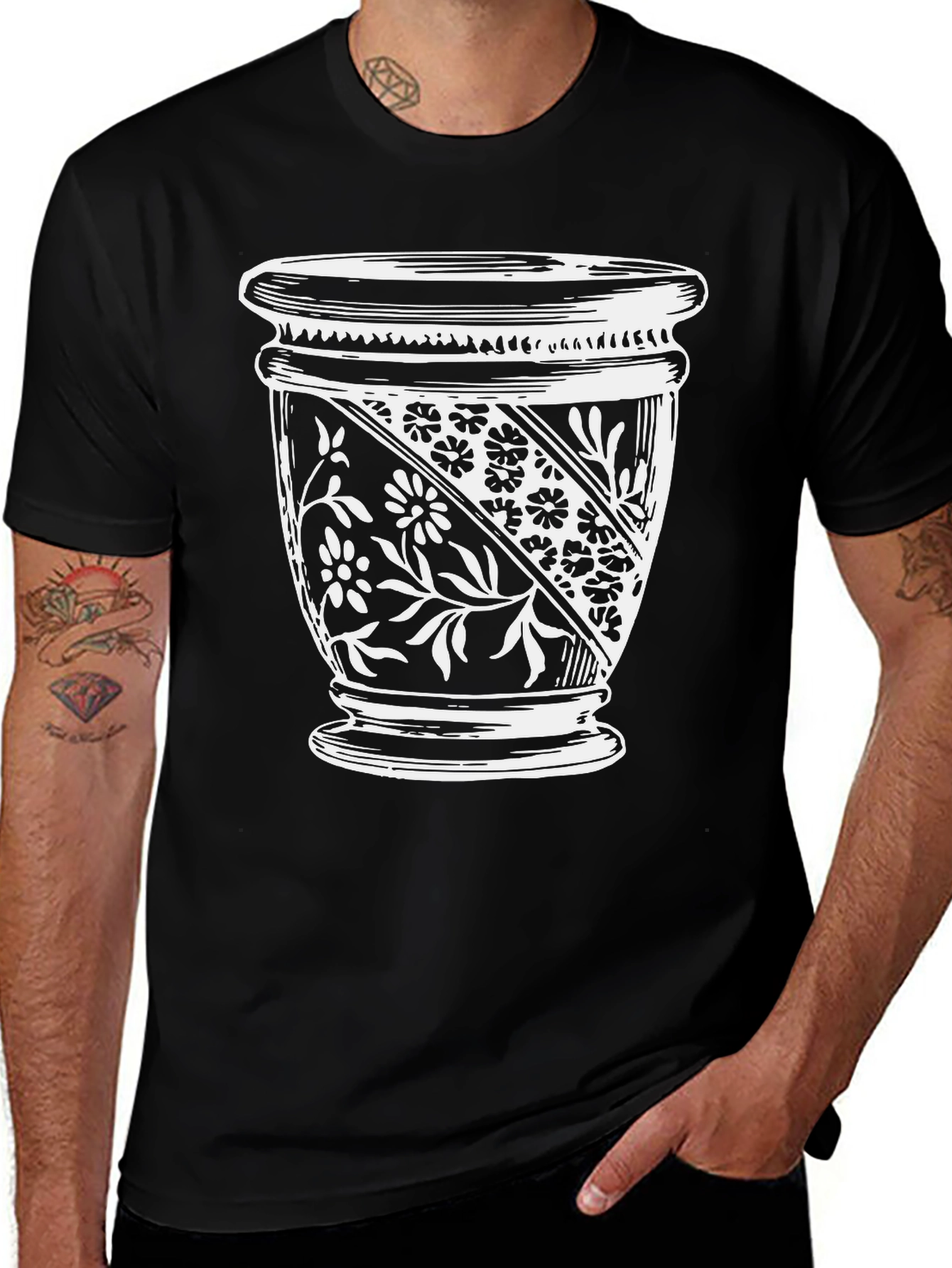 Variant 17 of Floral Vase Graphic Tee - Black Cotton T-Shirt