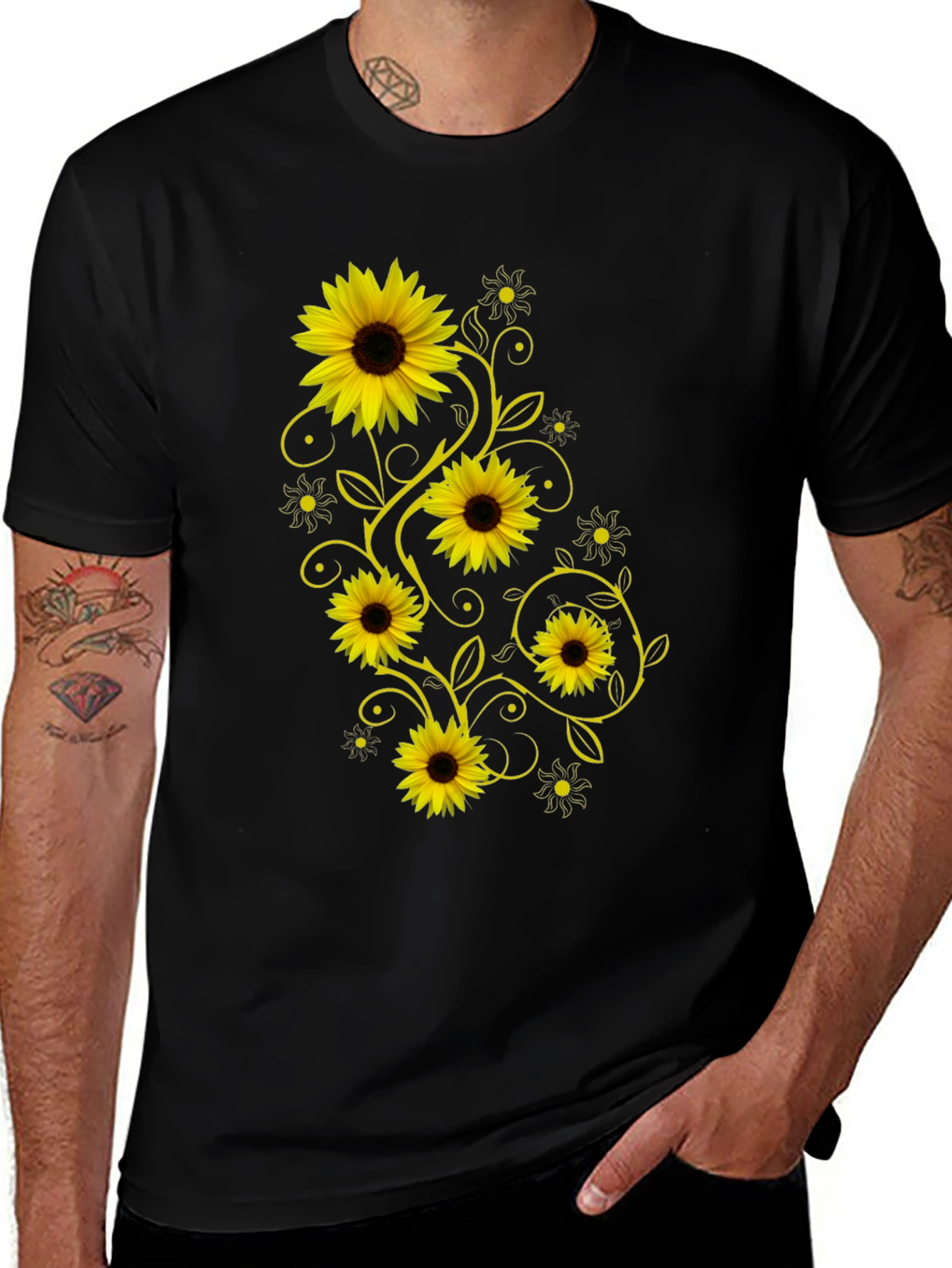 Variant 13 of Sunflower Print Black Crew Neck T-Shirt