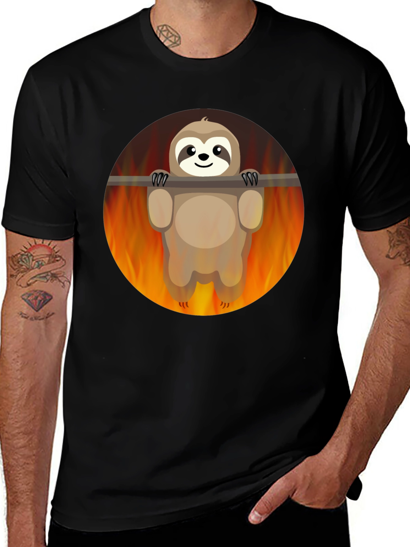 Variant 15 of Sloth Doing Pull-up in Flames Graphic Tee