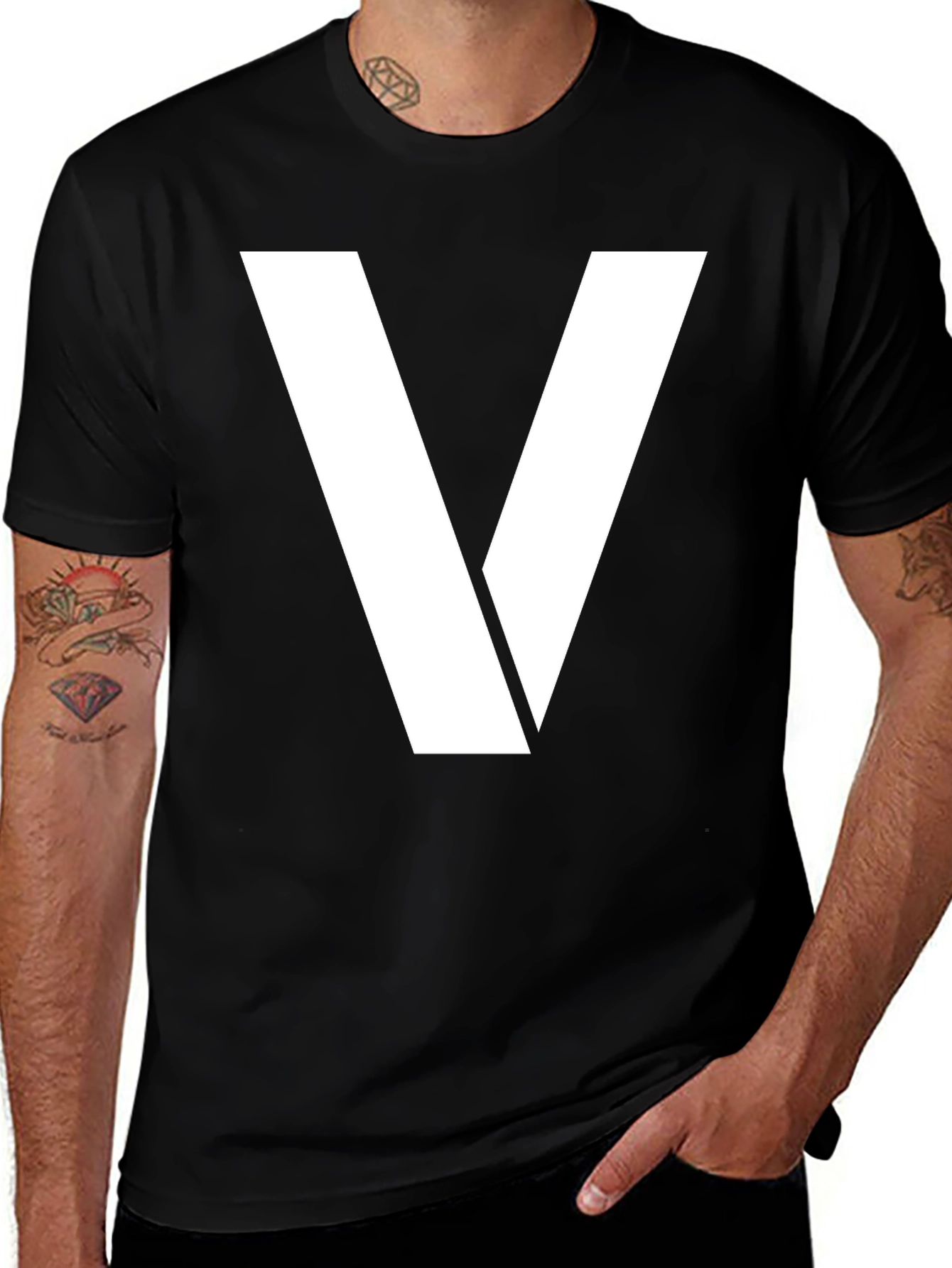 Variant 7 of Bold White "V" Graphic Black T-Shirt