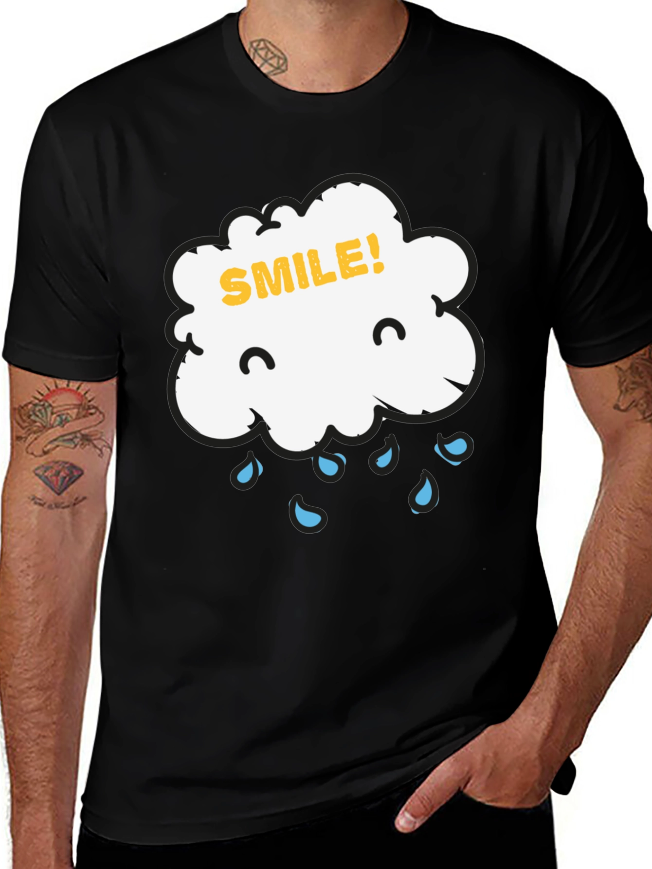Variant 22 of Rain Cloud Smile Graphic Tee - Black Cotton T-Shirt