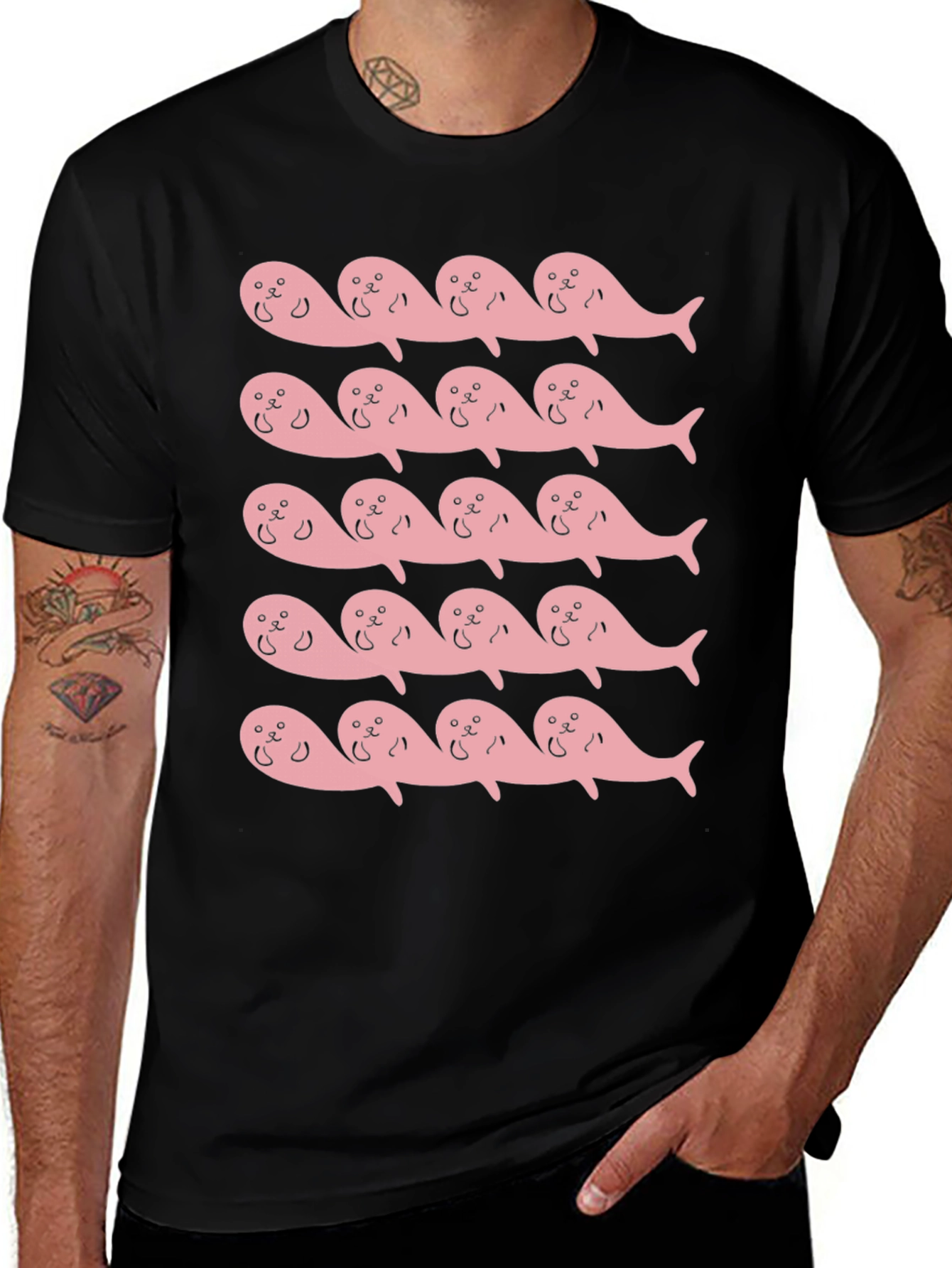 Variant 16 of Pink Seal Pattern Black T-Shirt