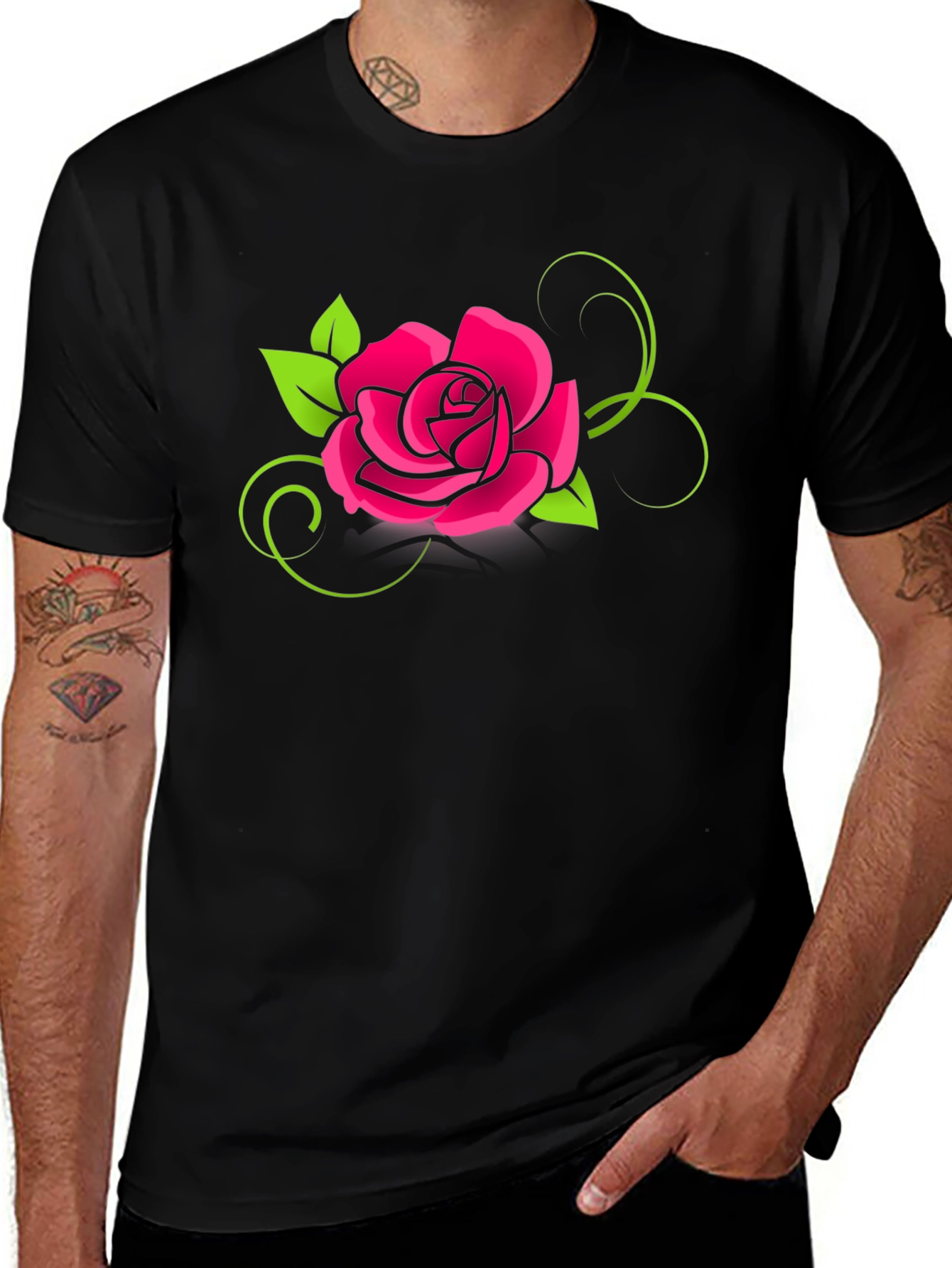Variant 30 of Black T-Shirt with Pink Rose Design