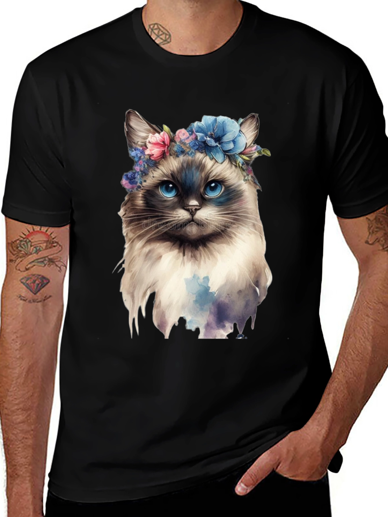 Variant 17 of Cat with Flowers Black T-Shirt