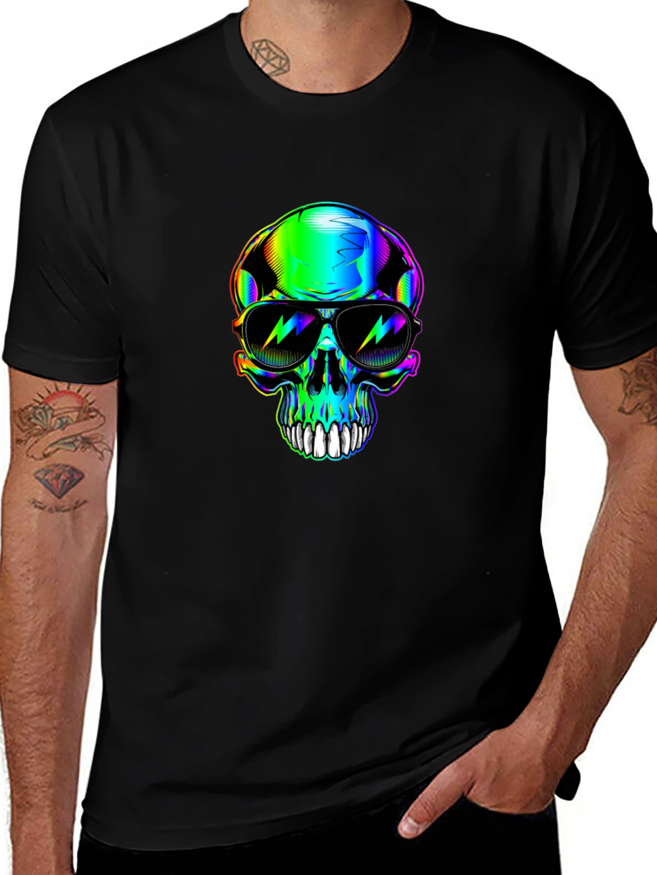 Variant 15 of Rainbow Skull Sunglasses Graphic Black T-Shirt