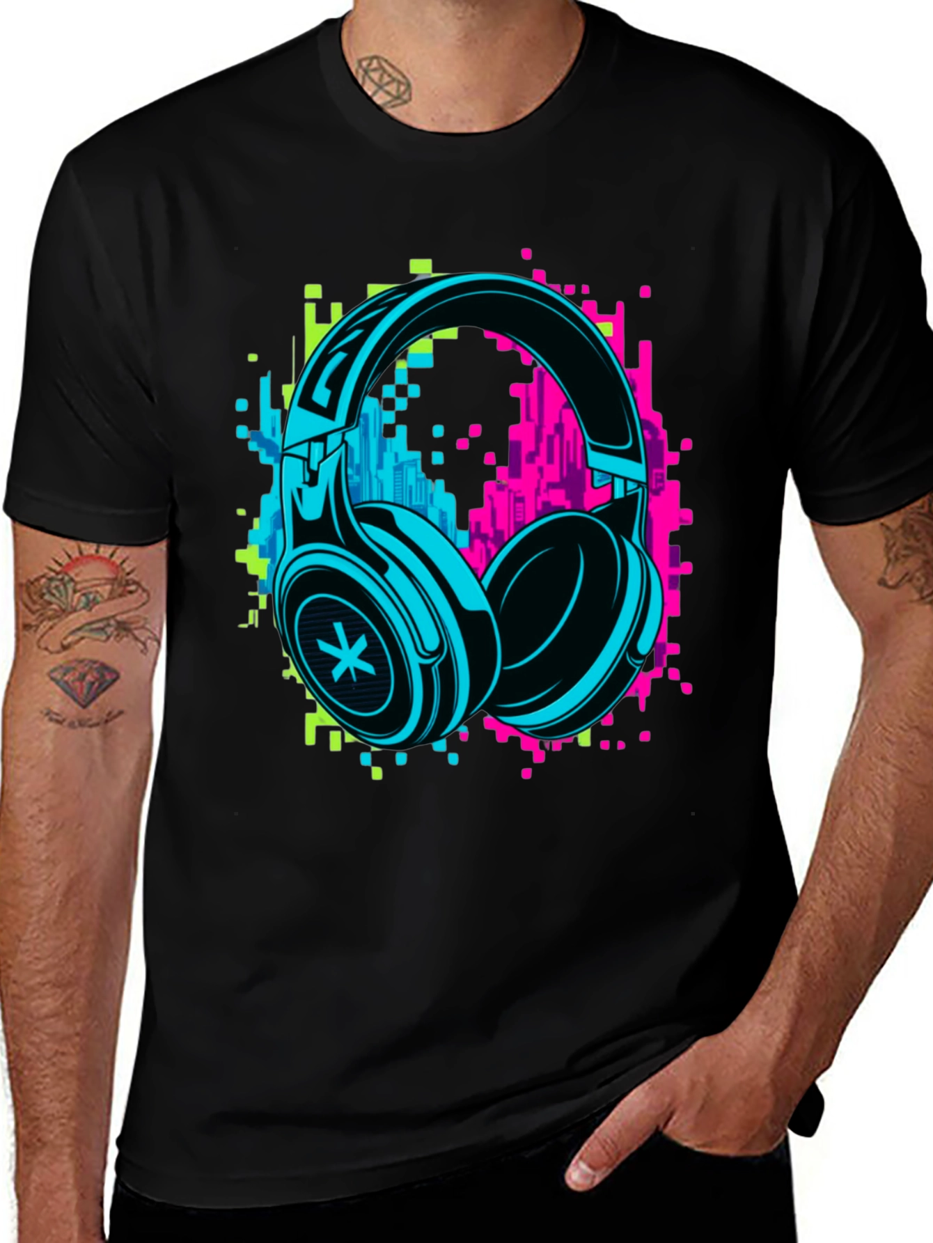 Variant 9 of Neon Headphones Graphic Black T-Shirt