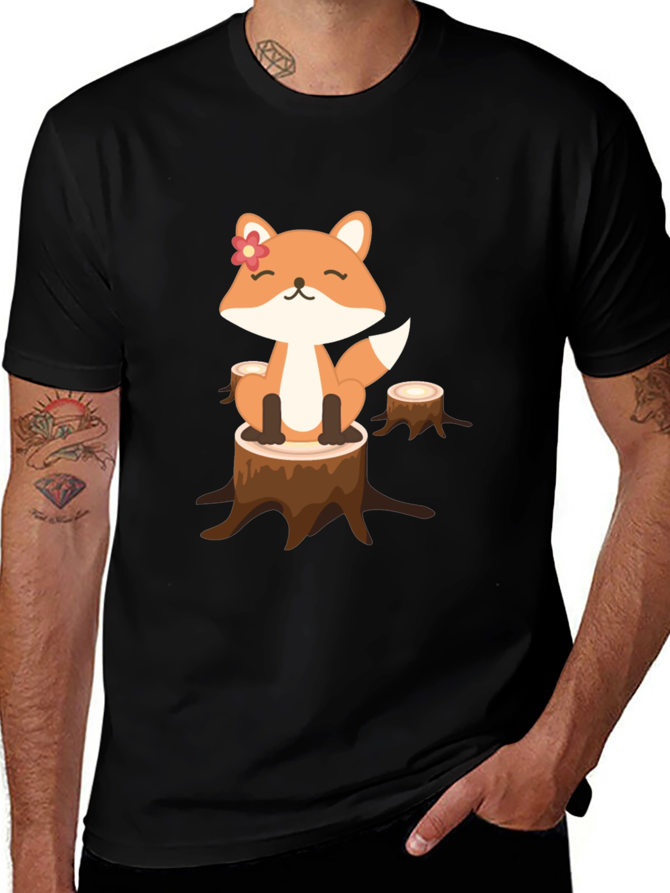 Variant 18 of Cute Fox on Stump Graphic Tee - Black