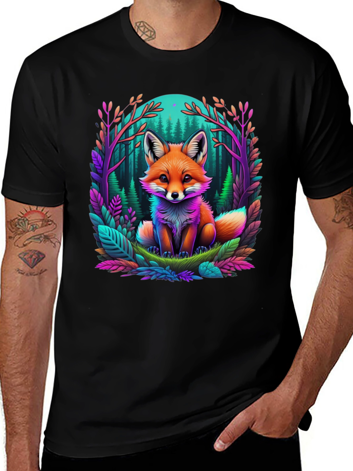 Variant 22 of Neon Fox in Forest Graphic Tee - Unique Design