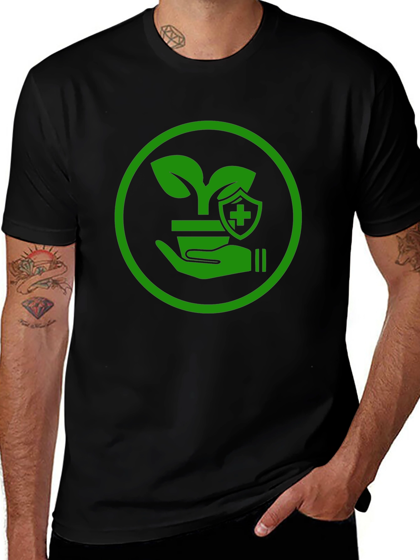Variant 6 of Green Plant Shield Graphic Black T-Shirt